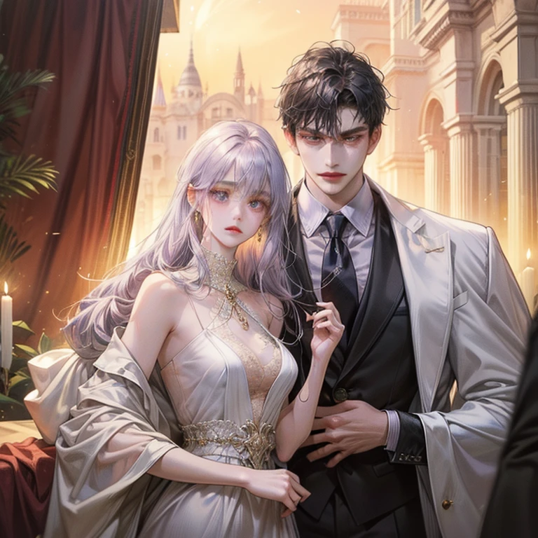 ((Highest quality)), ((masterpiece)), (detailed)、Couple、men and women、Beautiful Youth、beautiful girl、((The man has beautiful brown hair and brown eyes.))、((The woman has silver hair and blue eyes))、Facing each other with the moonlit night as a backdrop、The man is tall and the woman is leaning on him.、Woman smiling