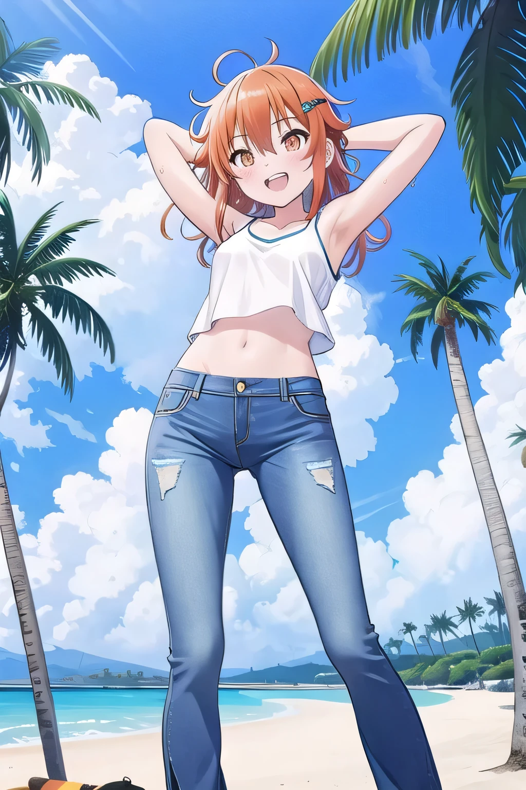 masterpiece, best quality, ultra detail, ((Perfect Face, perfect eyes, perfect hair, perfect arm)), 1girl, , petite, ((round face, ecstasy, orgasm face, drooping eyes, shame smiling, blush)), dropping eyes, sleepy, Open mouth, ((White teeth)), background((under the beach, (day:1.2), palm tree, bright sky)), miku hatsune, ahoge, orange eyes, (orange hair:1.2), crossed bangs, hair between eyes, hair ornament, (medium hair:2.5), (messy hair:1.7), ((arms behind head, hands behind head, fingers behind head)), ((contrapposto)), spread armpits, looking at viewer,, (white tank top:1.2), (white crop top:1.2), (jeans pants:1.2, flares jeans:1.2, skinny jeans:1.2, blue jeans:1.2), standing, (legs spread:1.4), sex pose, Sweaty crotch, Steam from the crotch, from below, whole body