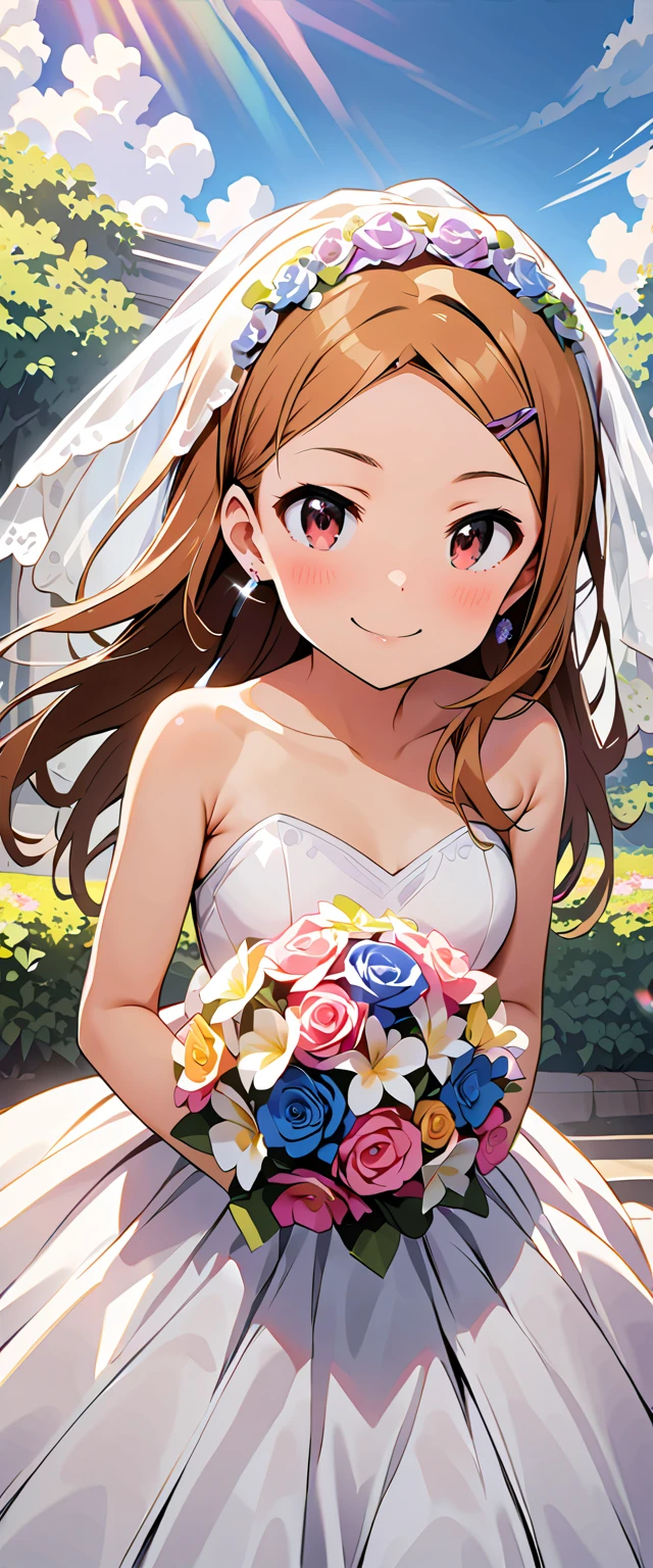 (ultrarealistic), (17yo girl (Monika_\(ddlc)\)), at the wedding, soft smile, blush, wearing shining white wedding dress, sfw, detailed, at the parc, cloud, sky, bird, tree, roses bouqet in hand, crying of joy