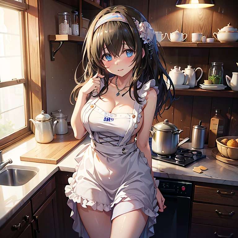 sexy girl stands in the kitchen in a colorful apron stained with flour