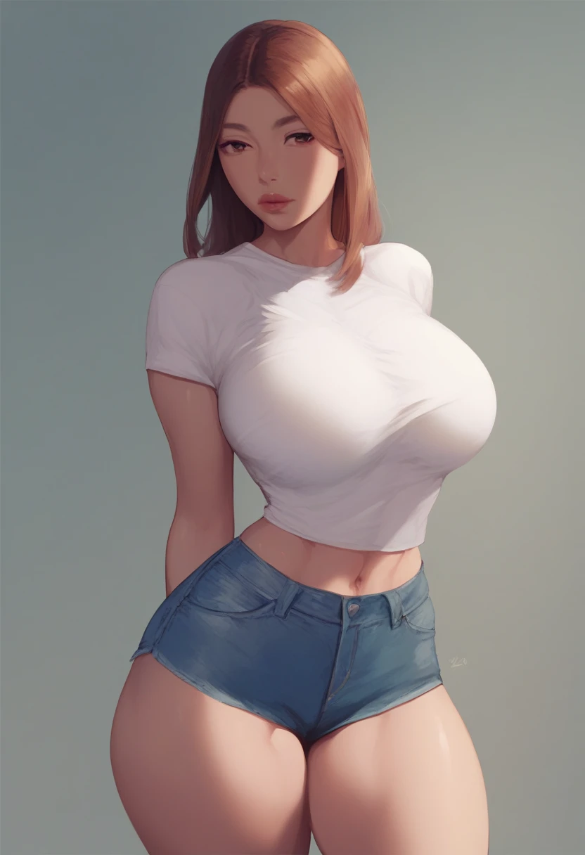 (fullbody), Very Kawaii, smile, lip lips, seductive smile, Solo, Slim, Large Breasts, cleavage, Plain White T-shirt, Tight Shorts, brown belt, upshorts, sitting on the bed, spread legs, No Background, White Background, looking at viewer, darker shadows, (((absurdres))), (((thigh gap))), (((cameltoe))), (((cleft of venus))), (((sleeveless))),