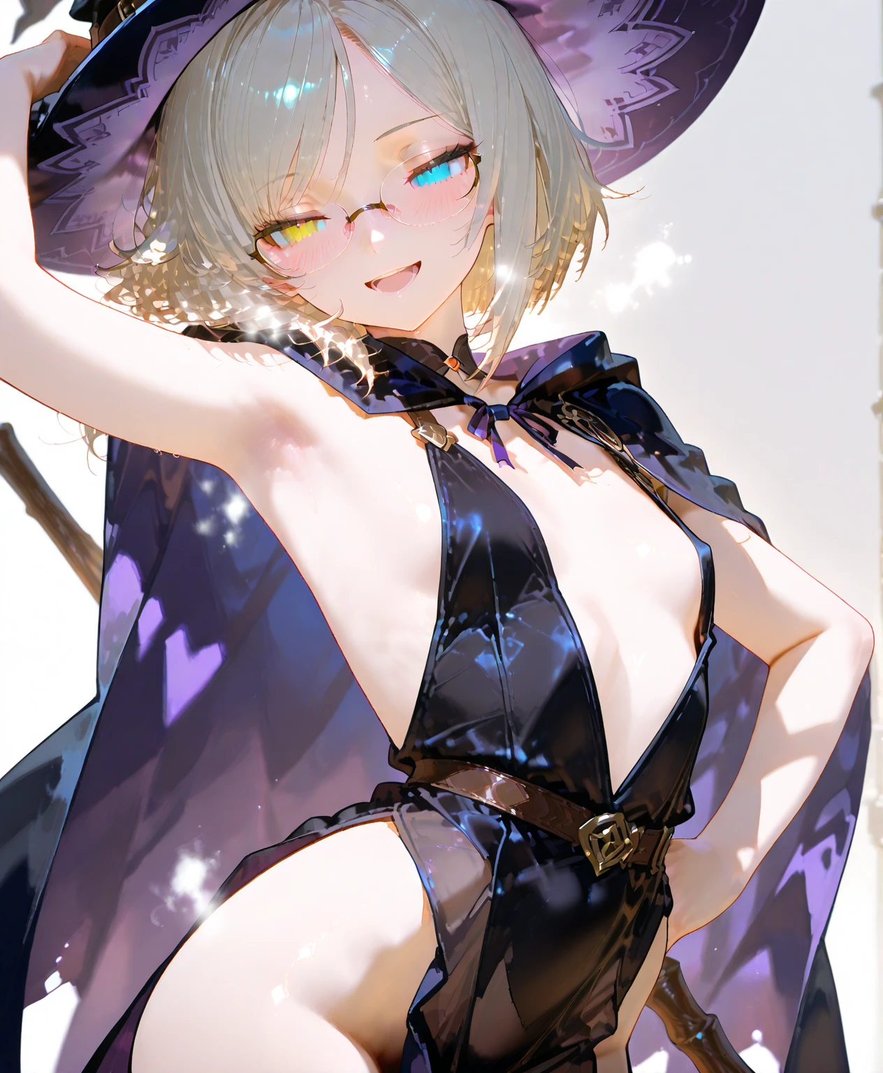 masterpiece, detailed, high quality, (absurdres), high sharpness, high resolution, millie, 1girl, solo, witch hat, blush, smirk, small breasts, curvy, wide hips, groin, cameltoe, negligee, see-through, lingerie, thighhighs, sweat, wet, spread legs, arm behind head,