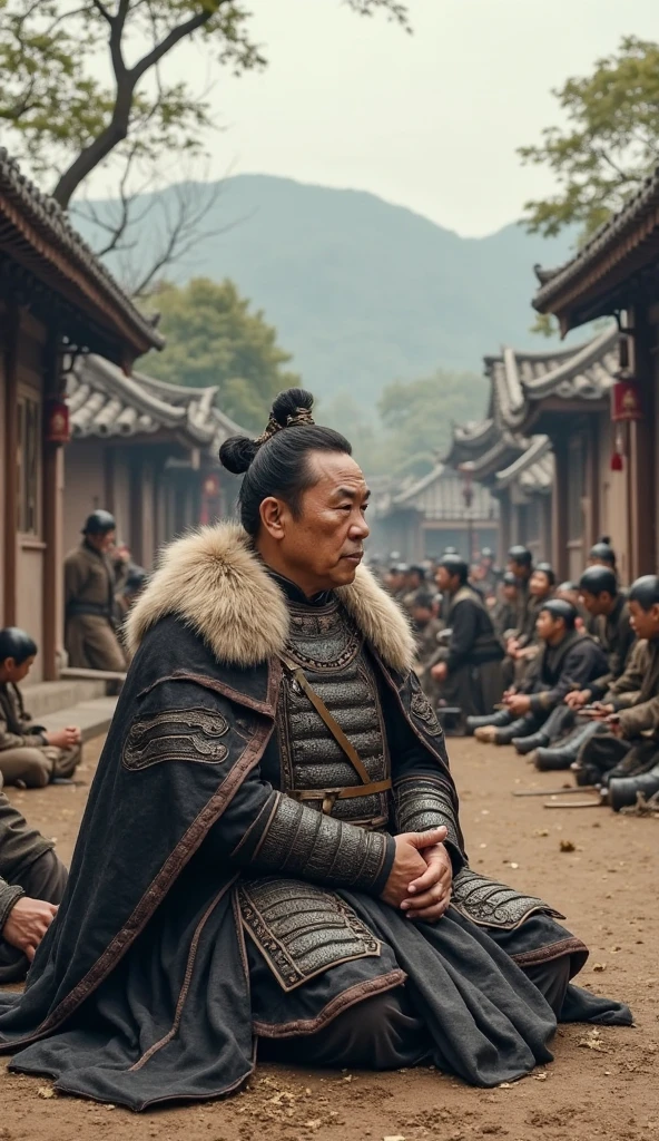 Highest quality、Ultra-high resolution、8k、RAW Photos、Japanese Samurai、((In the living room of my apartment))、hold a child、warrior、armor、knife、beard、cinematic lightening、Child in monpe、Wife in Monpe、A modern-day samurai family