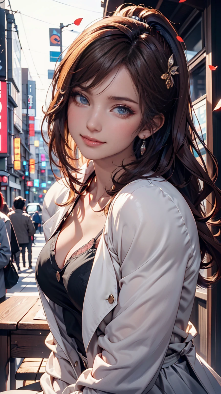 #Basics A girl is posing for a photo, (((One Girl))), (((Baby Face:1.4)) + ((cute:1.4)) + ((15 years old))),
break
#Clothing Accessories
((Red Long Flared Skirt)) + ((Black camisole)) + ((Cream sheer cardigan:1.4)) + (Black Pantyhose) + (Blue sneakers),
(red gem earrings), (Silver Necklace),
break
#Features
((Black Hair:1.2)) + ((Oblique bangs + Very long side bangs)) + ((Medium Hair : Short Hair + Wavy Hair + Hair curled outside)),
((Droopy eyes:1.4, Big eyes:1.2), blue eyes), (Small breasts:1.2), (Neutral facial features),
break
#background environment
((noon, Sunlit sidewalk in downtown + street tree)),
#Facial Expression Pose
(smile, blush), (Dynamic Pose),
#composition
(Face the camera), ((Character Focus), (Angle from the front), (Cowboy Shot)),
break
#Body parts elements
(Slim figure),
(Symmetrical facial features),
(Detailed Hair, Beautiful Hair, Shiny Hair),
(double eyelid, Long eyelashes, Thin eyebrows:0.5, Thin eyebrows:0.5),
(Expression of fine eyes, Beautiful and delicate eyes, Sparkling eyes, Eye Reflexes, Glitter Eyeliner),
(Human Ear),
(Beautiful Nose, Thin Nose),
(Glossy Lips, Beautiful Lips, Thick lips),
(Detailed skin, Textured skin, Beautiful Skin, Oily skin),
break
#Quality Image Quality Common
(((Highest quality)), ((masterpiece:1.3)), ((Very detailed))), ((Ultra-high resolution)), ((16K, 1080P)), ((Full HD)),
(Anatomically correct), (Realistic), (3DCG), (Oil painting),
((comics, anime)), (CG illustration), (RAW Photos),