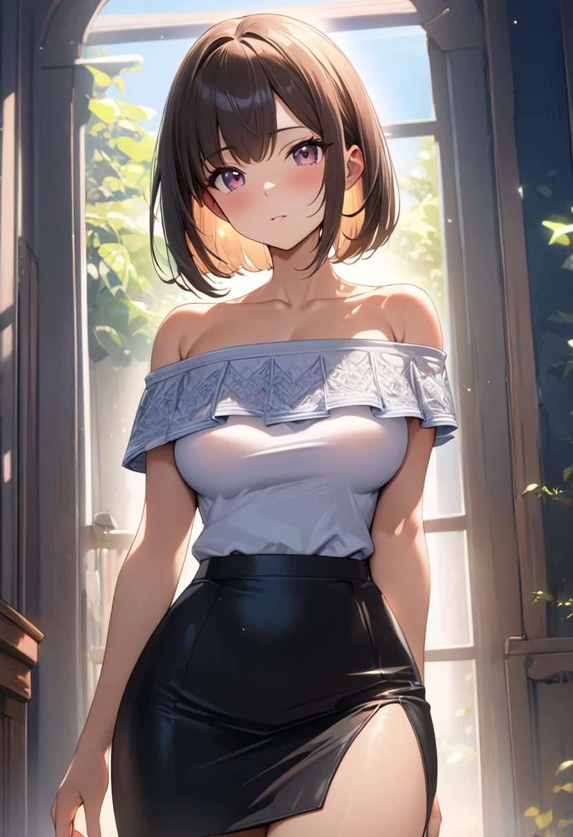 highest quality、4K quality、lean against the wall、Beautiful cleavage、Beautiful Style、tall、Small breasts、Bare buttocks、Small Ass、Shy face、20 year old princess、Bare shouldery skirt is blown up by the wind、ultra detail eye,、Off-the-shoulder summer dress、Grab the hem of your skirt、nude legs、A man touches my butt