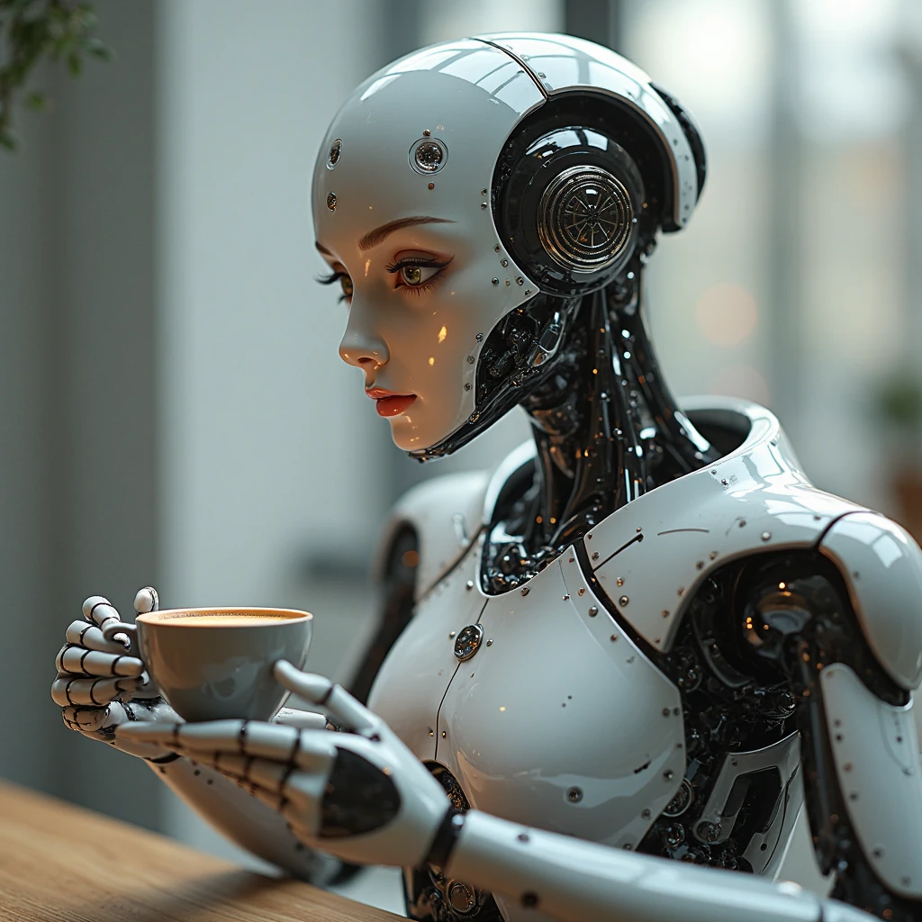 A female robot sits at a table in a street cafe, Best quality, high quality, absurdity, happiness, masterpiece, Beautiful, complex parts, 1/2 body trimmings, slender body, Beautiful figure, Magnificent Anatomy, (complex parts:1.12), HDR, (complex parts, hyperdetailing:1.15), (natural skin textures, hyperrealistic, soft light, spicy:1.2)