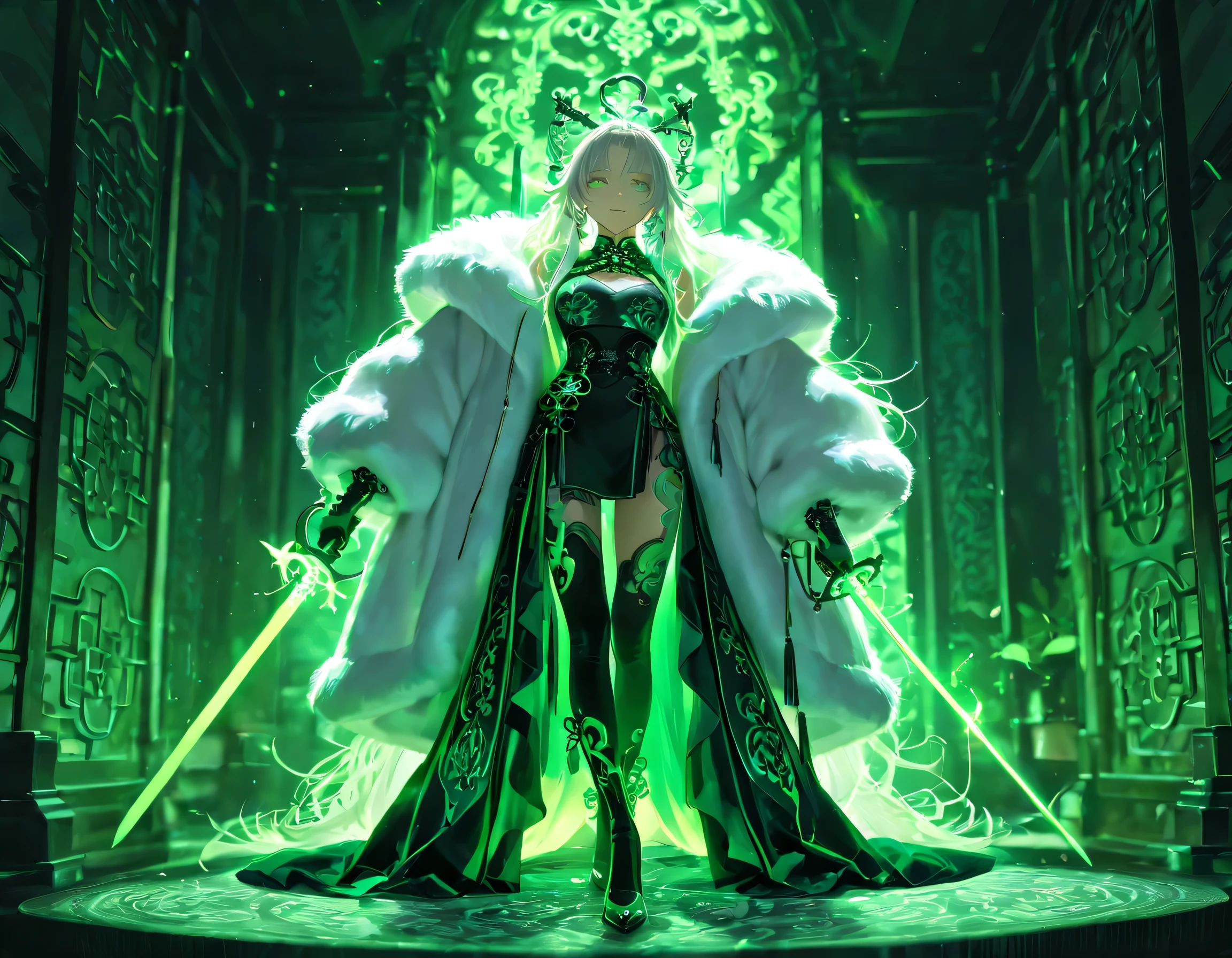 Create a 3D image of a full length (one girl) in a fur coat, reminiscent of 19th century Chinese painting and engraving styles. The coat is elegantly drawn with intricate patterns and colors of blue, green, and white. A softly glowing lighting energy covers the entire scene, highlighting the silhouette of the girl and creating a dramatic effect. The girl holds a long Chinese sword, adorned with ornate details. Emphasize the contrast between the modern and traditional styles, as if captured at the moment the lighting energy peaks. Use rich colors and textures to enhance the overall quality.