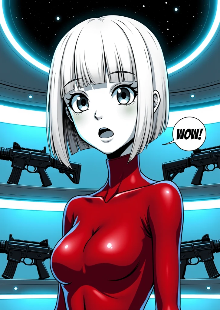 4K black and white image, manga style with light lines and cross-hatching, Close-up of a young woman with short, straight, platinum blonde hair cut into a straight bob with straight bangs that reach her eyebrows, Her eyes They are wide open and her pupils are dilated, while her mouth forms a perfect "O". She wears a tight red latex suit that highlights her curves, (( She is standing in front of a shelf with a futuristic design, illuminated by blue LED lights that dye the environment with a cold, metallic tone, The shelf is filled with laser assault rifles that emit a soft glow, creating an ambient lighting effect)), The environment is the interior of a spaceship, with luminous control panels and windows showing the stars, In the lower right corner, you can read the Japanese onomatopoeia: ¨Wow!" in a speech bubble, Art style: Black and white manga, clear line, JoJo's Bizarre Adventure style, dynamic poses, contrasting shadows, vector art Inspired by the works of Hirohiko Araki