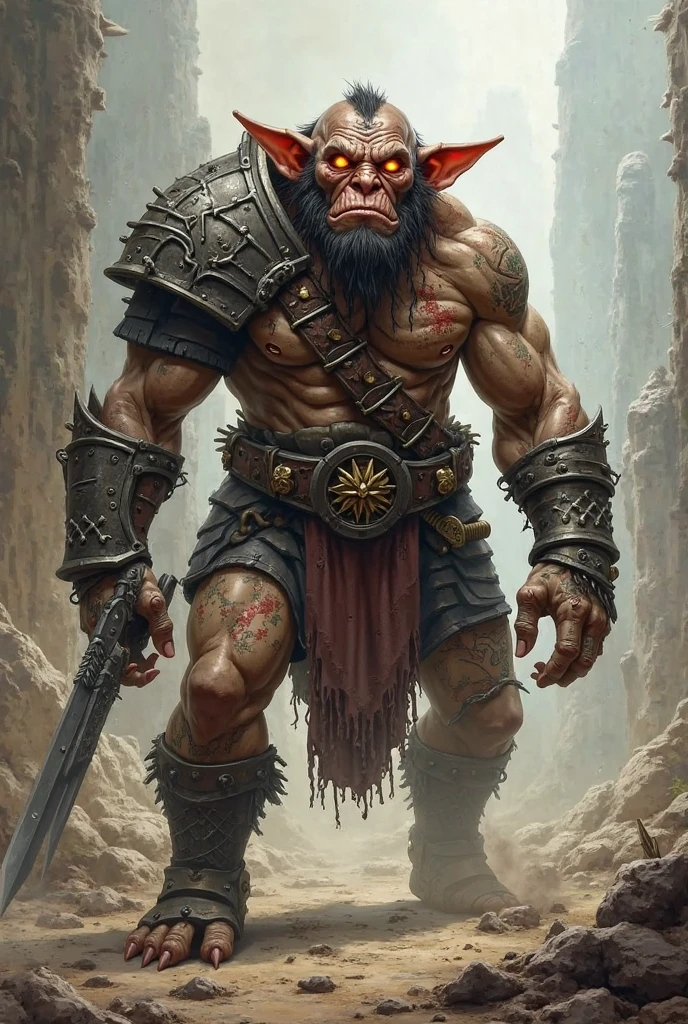 A minotaur with golden horns and red eyes holding a labrys axe in one hand and a chain of spikes in the other