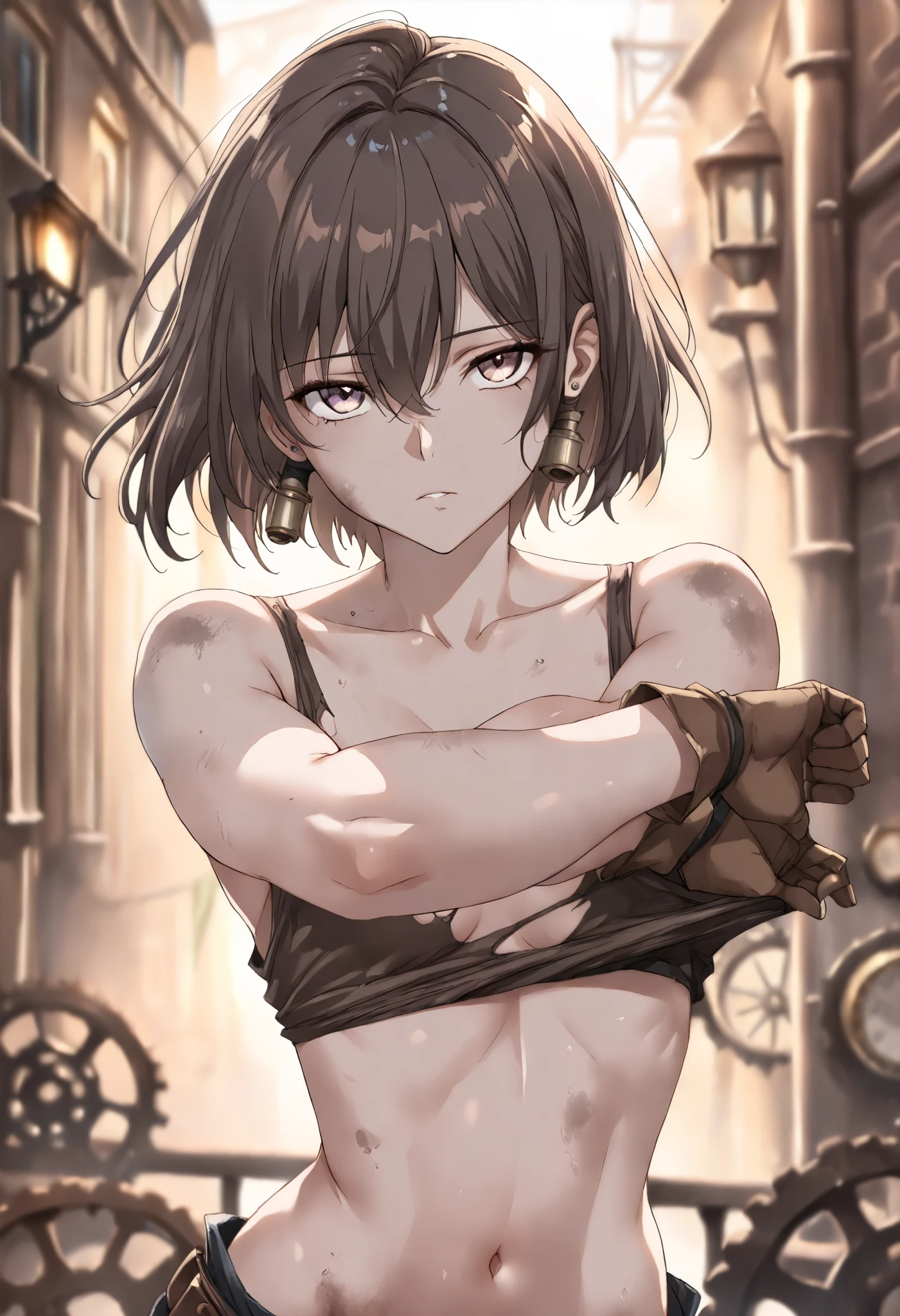 Teenager, sexy, (brown skin:1.3), confused look on face, Old ripped clothes, chained hands, clipped hair, realistic, photorealistic, (8k, RAW photo, best quality, masterpiece:1. 2), (realistic, photo-realistic:1. 37) ultra-detailed, vivid colors, studio lighting