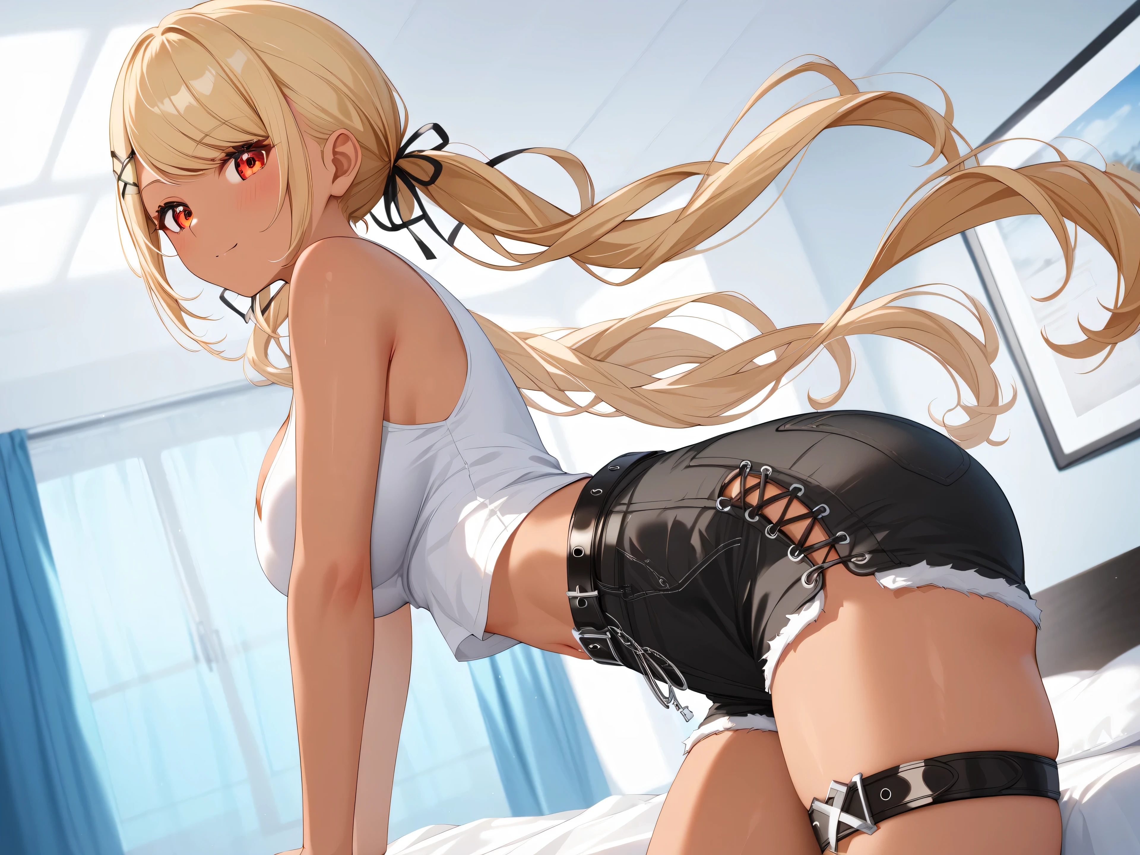 master piece、Best Quality,Super detailed,High resolution,Extremely detailed CG,Unity 8K Wallpaper,weat,score_9, score_8_up, score_7_up, score_6_up, score_5_up, score_4_up, source_anime,QpiCas, (orange eyes), dark skin, blonde hair, long hair, swept bangs, low twintails, x hair ornament, black hair ribbon, white tank top, cross-laced clothes, midriff, black belt, black shorts, thigh strap,professional quality、big hip、medium breasts,nsfw,bed room,nsfw,Romanticism、thick thighs,wide hips,NSFW,thigh focus,in heat,cleavage,(impossible clothes)、big butt,Official Art,mature female