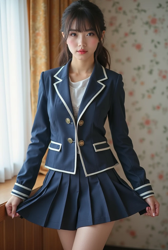 Super fine、8k、muste piece、(RAW photo:1.4)、High resolution、((Composition gradually moving away from the subject))、((Full body photo from face to ankles))、((perfect anatomy))、Landscape Pose、1 female 、detailed skin、glowing skin、baby face、doid、long eyelashes、Moist eyes、small face、smile、open your mouth、Neat and clean hairstyle、school hallway、stare out the window、Put your hands on the window and stretch out.、turn your body toward the window、Natural light comes in from the windows、Dreaminess、realistic school scenery、middle School girls、A blue and gray school bag slung over my shoulder、、slender and delicate body、small breasts、Blazer uniform with green lines、girls school uniform、plaid skirt、healthy、young female teenager、black tights、black tights、black knee high socks、茶色のloafers革靴、loafers、full body shot、Neat and clean hairstyle、Emphasizes the rather slender leg line