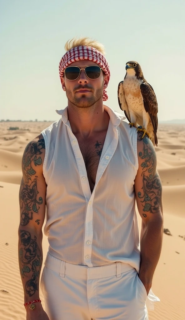 A handsome beautiful slim shirtless white skin man in the desert with a falcon