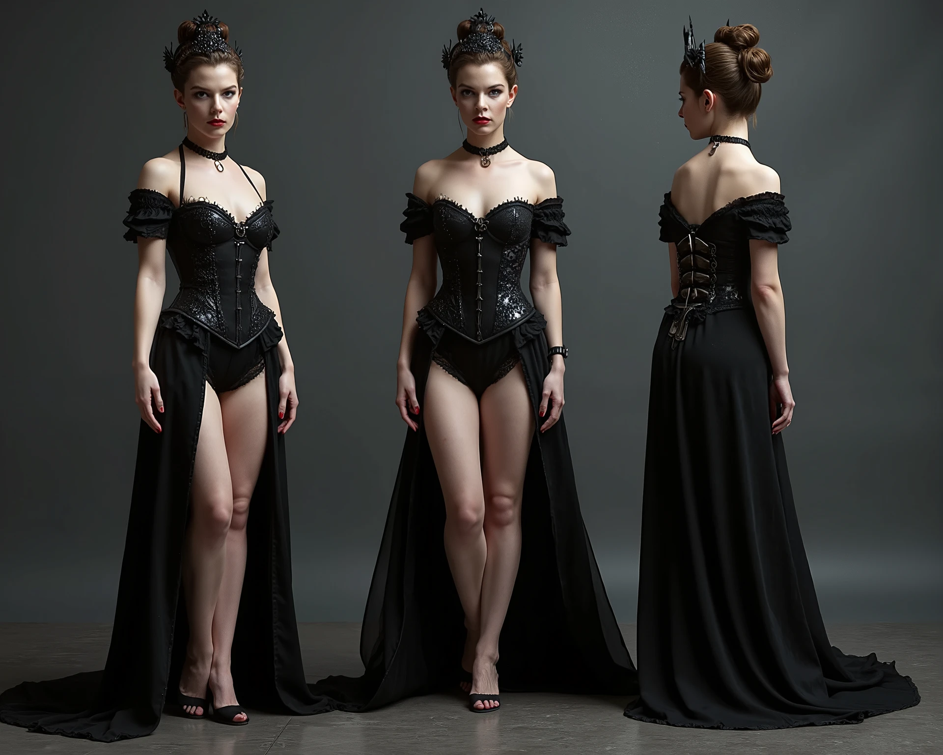 Sexy Vampire Queen with sharp nails in a short dress and corset, stands in three poses, 1 front view, 2 back view , 3 side view. skirt on a gray background.