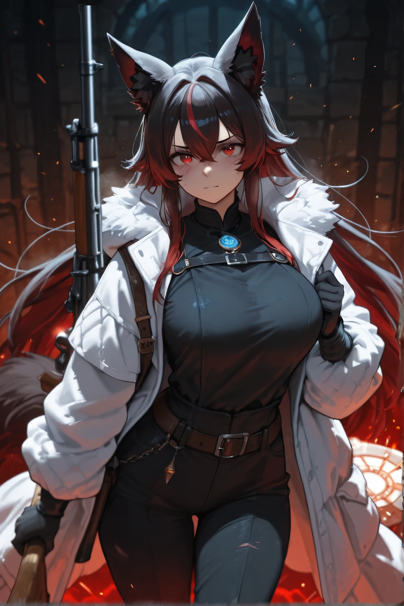 gray hair,best image quality,teenage girl,masterpiece,black skin,short hair,Lion ears,short hair,golden eyes,,tits,shining face,dense forest,,slender,fur,rider suit,