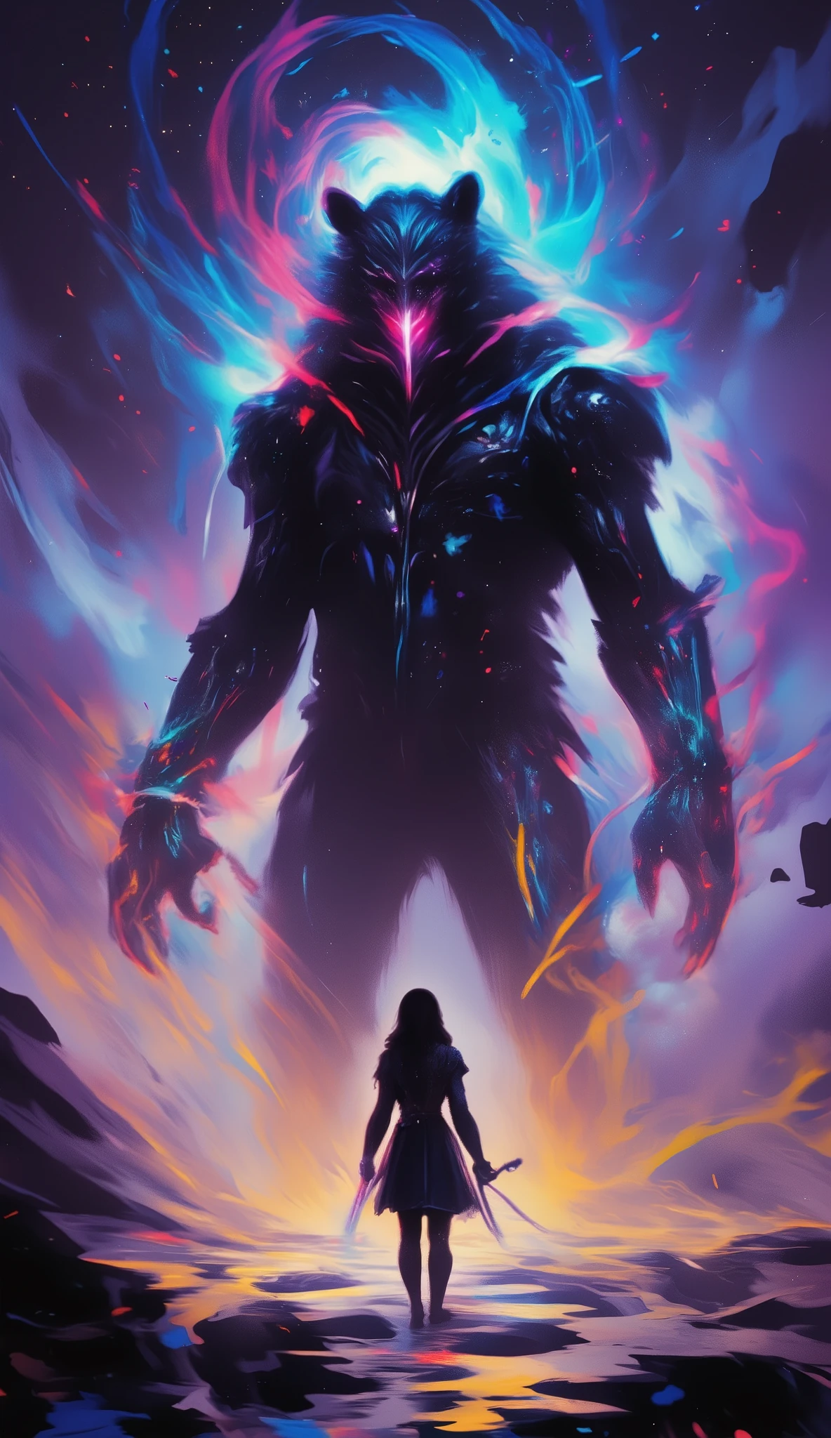 A lone warrior with long, flowing hair stands in the foreground, gripping a glowing, enchanted sword. She wears a dark, battle-worn cloak and armor, facing a colossal, spectral bear with fiery eyes. The bear’s body is shadowy yet infused with ethereal neon energy, swirling around its form like magical ribbons. The background features a cosmic, star-filled sky with hues of deep purples, blues, and fiery oranges, casting a surreal glow over the battlefield. The scene is illuminated by an otherworldly light, blending fantasy and sci-fi elements with a dramatic, cinematic atmosphere. The warrior's stance is determined, ready to face the mythical beast. High detail, fantasy art, dynamic lighting, epic confrontation.