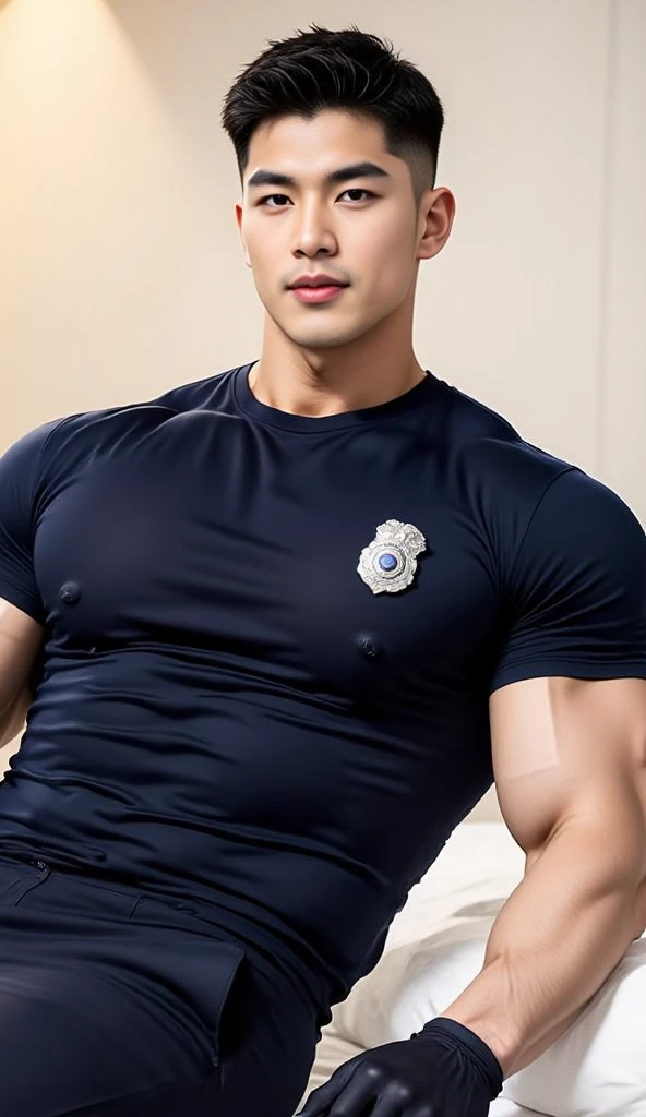 (NSTDA.:1.5), (masterpiece: 1.2),(Realistic:1.5),(Post Processing:1.3), (crisp focus:1.3),wide angle, 1 male police officer, Closed eyes, opened mouth, ( Blood spatter) ,(Wearing a torn navy blue round neck shirt with a police badge on it..) ,((Torn shirt)), ((Torn shirt)), ((Abrasions on the body..)), Short Hair Hair, korea ,facial hair, (High shadow detail),Pectoral muscles, Big arm muscles, blood vessel, Big muscles, Wide shoulders, Abrasions on the body.., Abrasions on the face, prison