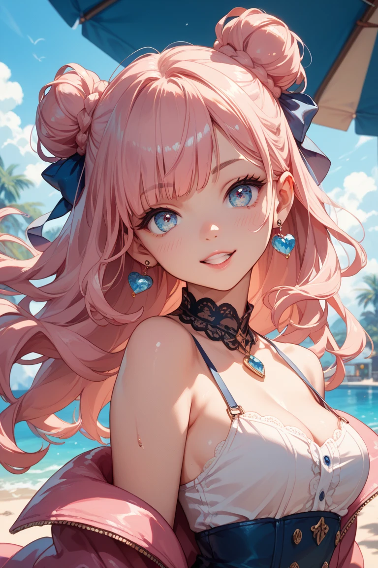 (Masterpiece, BestQuality:1.3), (ultra detailed:1.2), (hyperrealistic:1.3), (RAW photo:1.2), High detail RAW color photo, professional photograph, (Photorealistic:1.4), (realistic:1.4), (Pink Hair:1.5), professional lighting, perfect anatomy, (Big Breasts:1.2), (blush, detailed face), (cheerful Smile:1.5), Trending Hair&Trending Hairカラーをランダムに, earrings, necklace, bracelet, sexly, erotic sexly, Random sexy gravure poses, (A beautiful woman wearing a light blue frilly dress、Smiling while lying on a picnic mat under the blue sky。A delicate necklace is hanging around her neck。: 1.3)