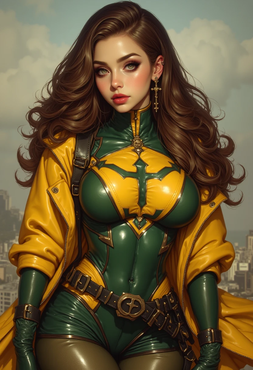 (((COMIC STYLE, CARTOON ART))). ((1 girl)), lonly, A comic-style image of Rogue, with her as the central figure. She is standing. Brown ad white hair. She wears a traditional costume, glossy and red lips. (((Hot body, sexy, sensual, camel toes))), She is surrounded by a night UNDER THE MOONLIGHT, with skyscrapers, bridges and lights. She has a determined and confident expression, as if she is ready to fight crime.