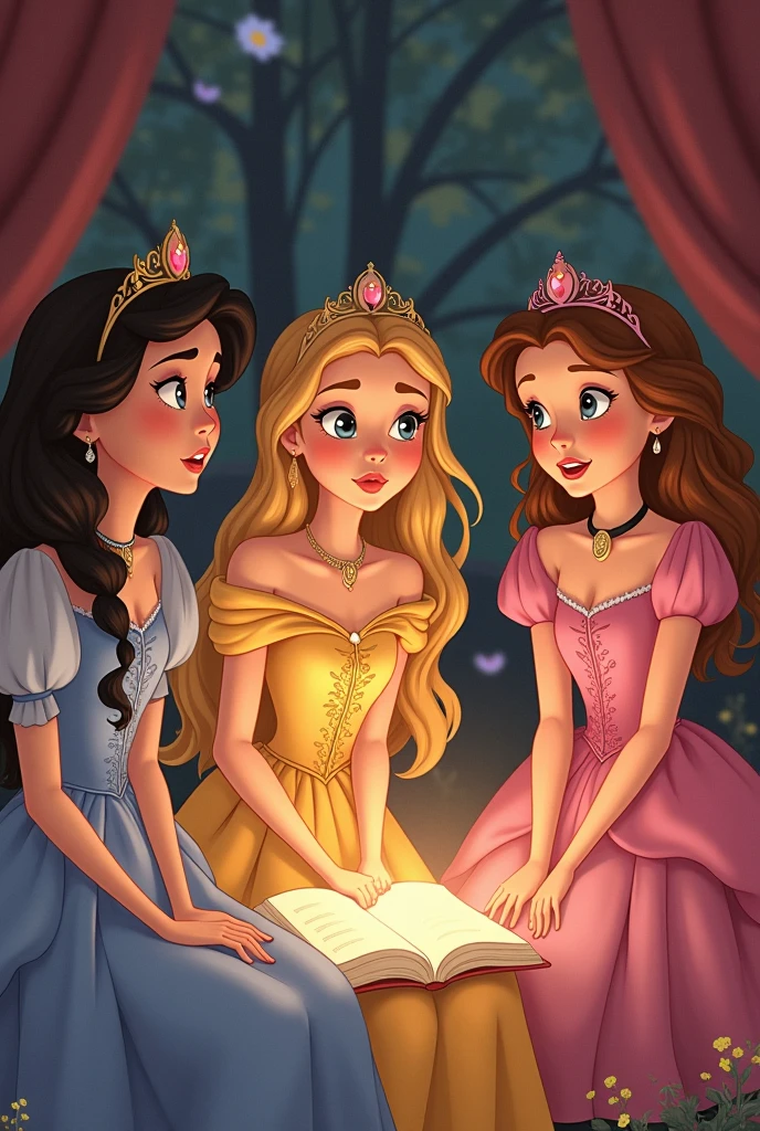 sleeping Beauty, Ariel and Belle. as 3 in a sleepover night having fun 
