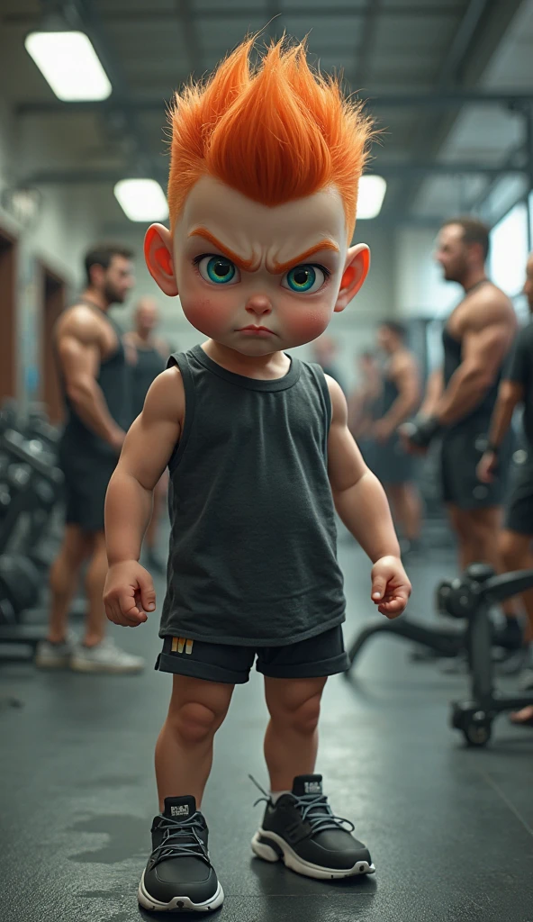 Im Stil von Pixar 3D-Animations-Filmen. untrained blond man wearing dirty undershirt, Racing helmet on the head, an exhaust like a lance in one hand and a BMW steering wheel like a shield in the other. He stands in front of a rusty silver BMW E46 Compact. His face is angry.