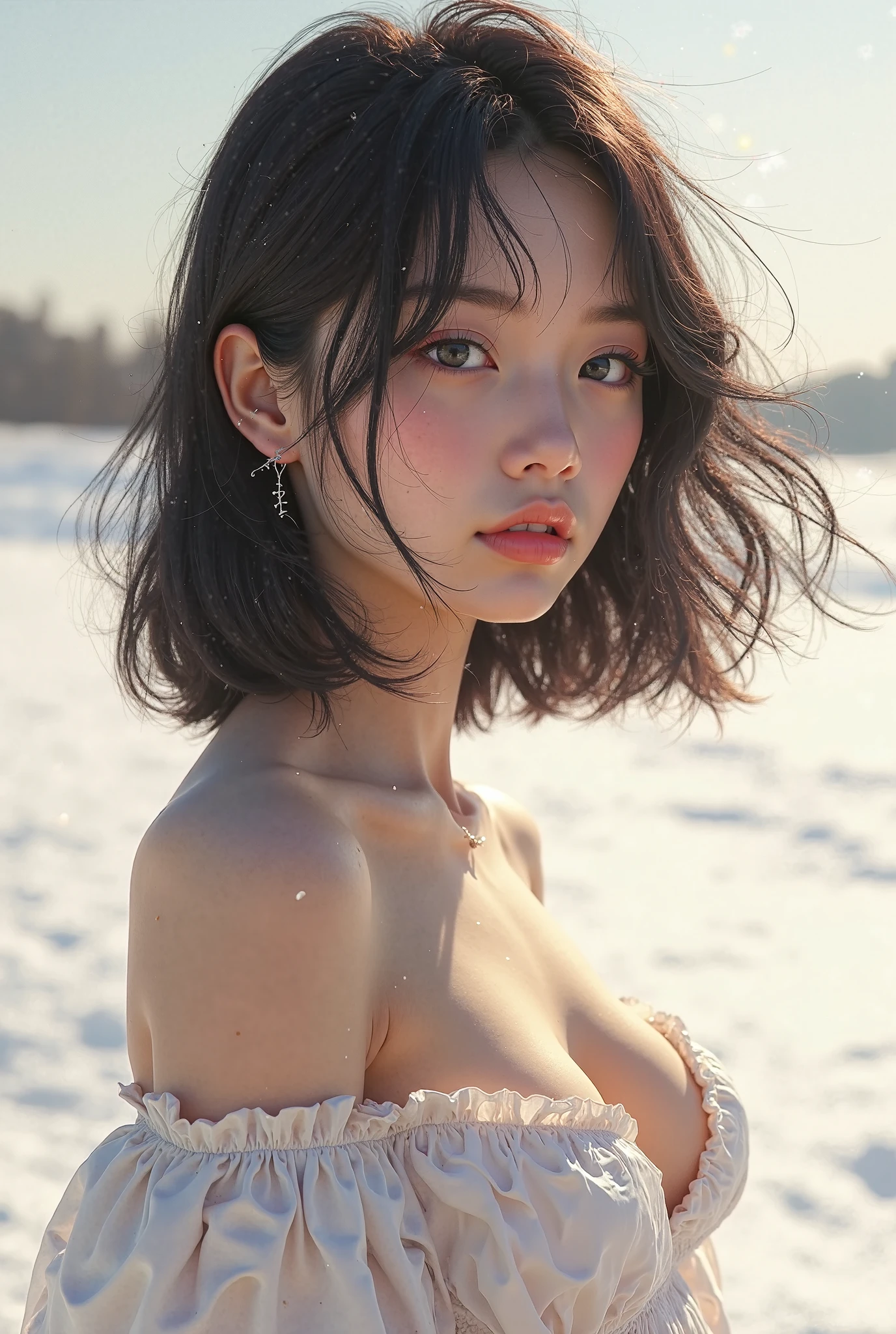 Plump girl,nude,a girl wear is A thin, translucent white shirt ,(shy),nude,movie lighting、Perfect、soft light、high resolution skin:1.2、short hair、Dark brown hair、Bust E cup、nude, stand,nspired by Canon EOS R 6,Bust E cup、nude, High quality CG, Beautiful CG, Soft Light,,red lips, snow-covered palace,winter wonderland,crown of ice,sparkling snowflakes,ethereal beauty,snowflakes swirling around,snow-covered trees,glowing ice shards,powdery snow,snowflakes glistening in the sunlight,majestic and graceful presence,snow-capped mountains,