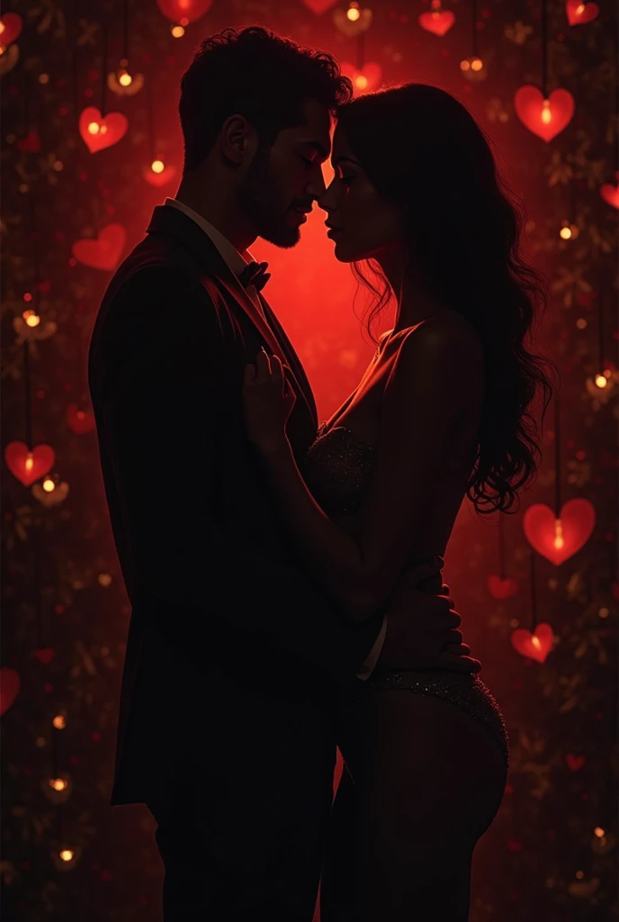 Create an erotic book cover with black tones, red, and that they are like silhouettes, that faces cannot be distinguished
