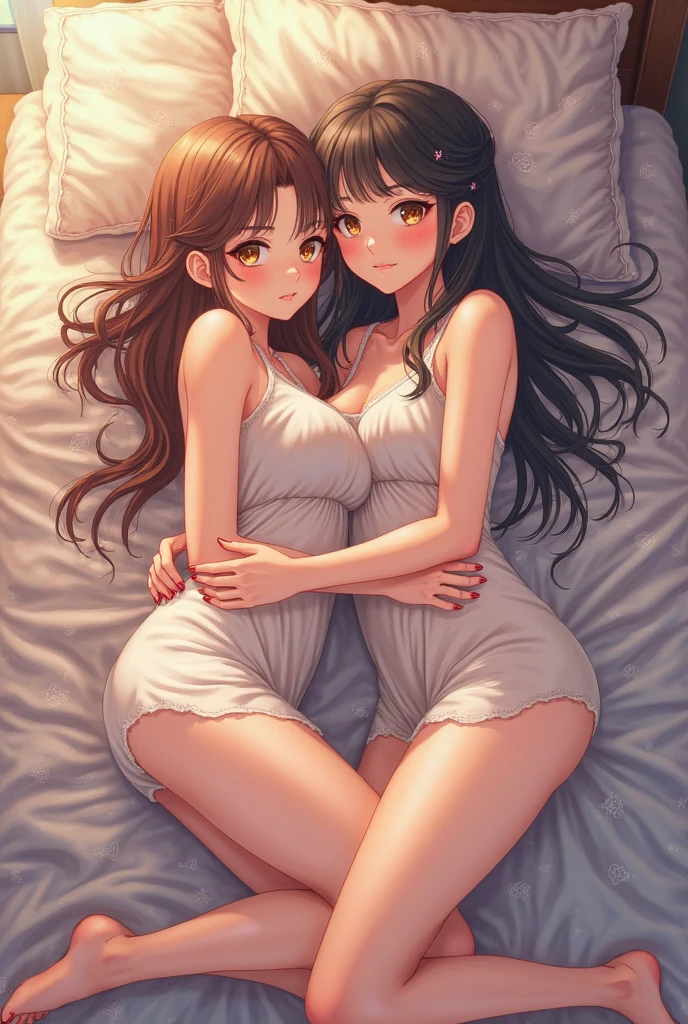 (((depict cute girl))), wake up, cute lovely bedroom, brown hair, long hair, straigh hair, green eyes, sunshine, small breasts, ((topless)) nice hips, (pastel pajama pants), ((pretty white panties stick out)), (Masterpiece, Excellent, complex details), delicate girl, delicate face