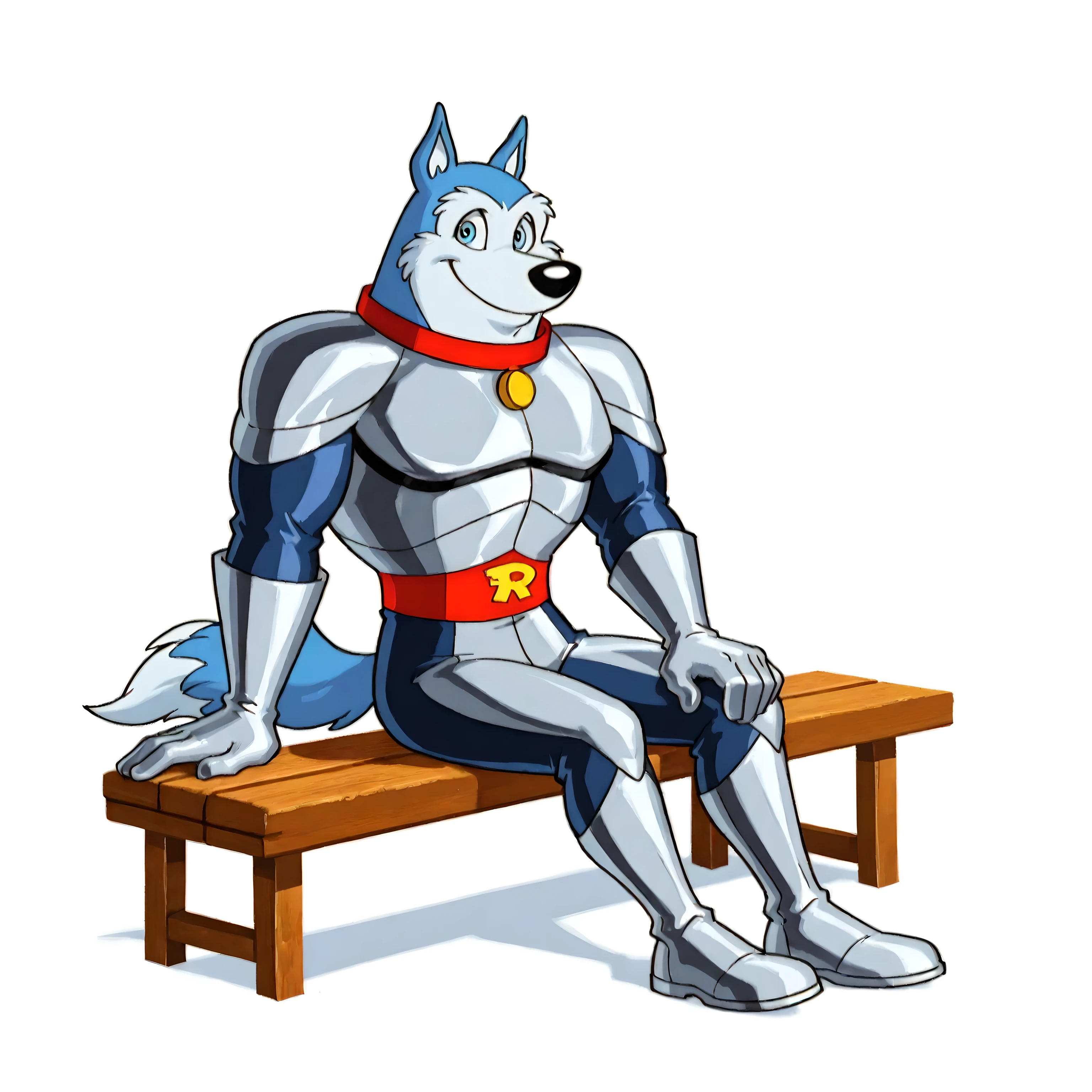 Exile (Road Rovers), high quality, blue fur, white fur, anthro dog, solo, male, full body, red collar, blue eyes, smile, high quality, best resolution, silver uniform, silver gloves, red waist, white background, no background, sitting on wooden bench,