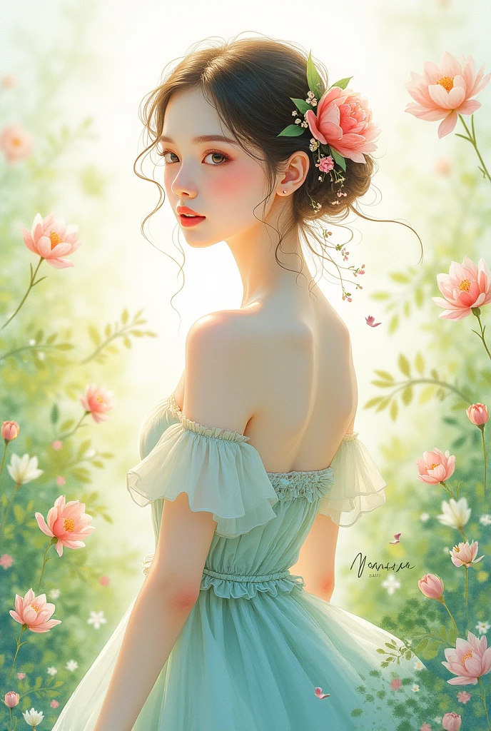 painting of a woman in a swimsuit with flowers in her hair, a beautiful artwork illustration, by Li Song, by Chen Lin, by Ni Tian, by Xie Sun, jinyoung shin art, by Ju Lian, by Ye Xin, by Ni Zan, beautiful character painting, alphonse mucha and rossdraws, exquisite digital illustration, by Ju Chao, by Ryan Yee