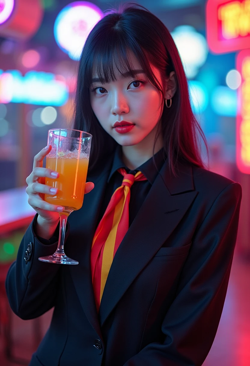 (Best-quality, Masterpiece, Ultra-High-Resolution, (Photorealistic:1.4), Raw Photo, depth of field, professional lighting, perfect anatomy, extremely details), 1girl, 15-years-old, the most famous Japanese idol, ((extremely cute face like the most popular Japanese idol, ((extremely cute and extremely big eyes)), extremely beautiful hair, extremely beautiful skins), extremely cute long-eyelashes, extremely cute lips), (((drinking too much alcohol))),
(standing in authentic-bar),
((wearing black-formal-business-suit))