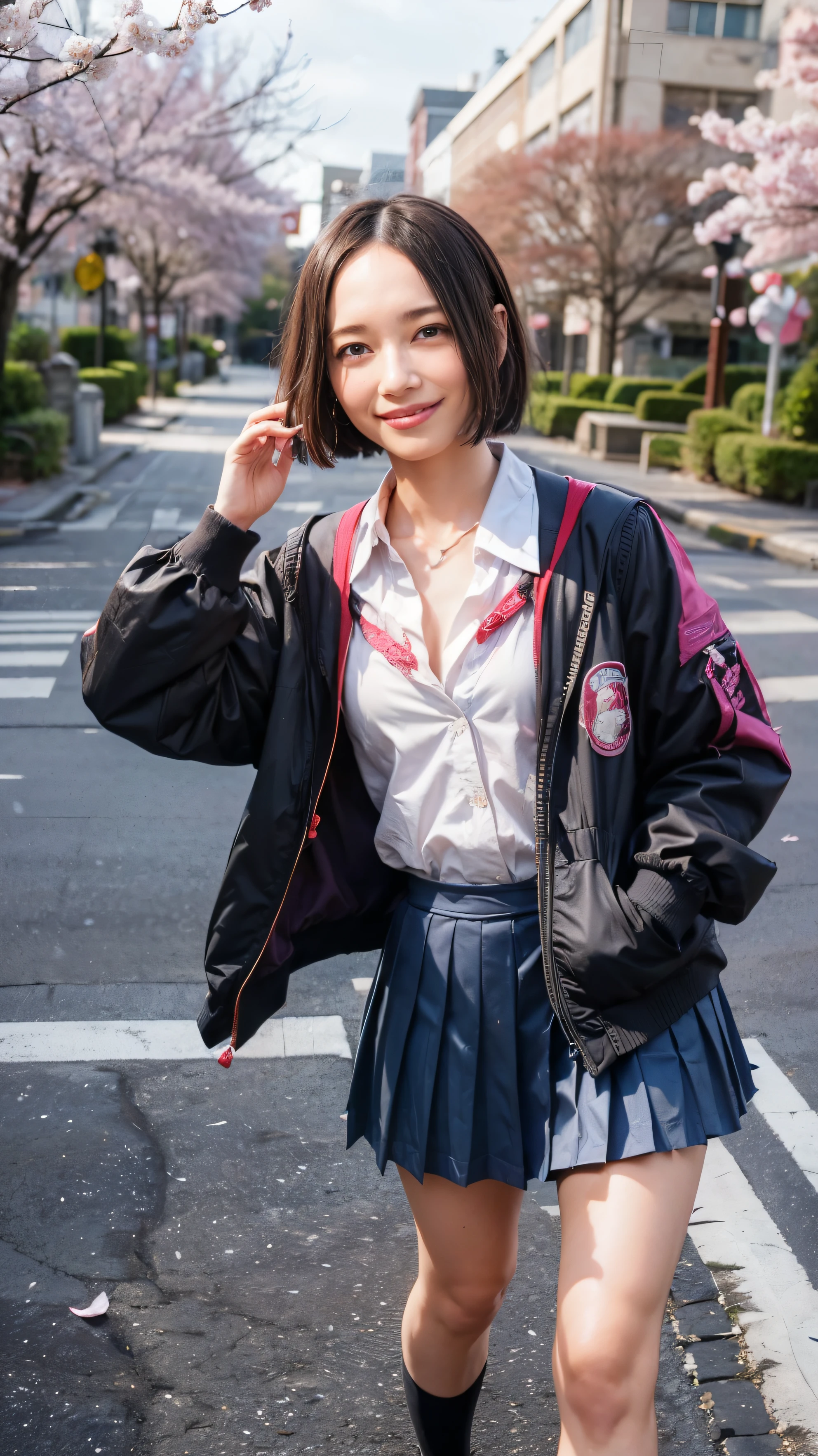 (The 8k quality, Ultra-high-resolution quality, Ultra high definition, Photorealistic, Best Quality):1.5, (​masterpiece):1.4,
(camera angle from forward view, depiction of full body):3.0,
(in the beautiful High school building with spring flowers, scene of Graduation ceremony, cherry blossom blizzard):4.0,
(depiction of taking a walk sakura street):10.0,
(beautifully shaped bewitching JK walking with waving):10.0,
(light purple Schoolgirl uniform, naked blue school jacket, dark red pleated skirt, largely exposed chest, largely open-chest, open-shirt):15.0,
(smiling, flushed cheeks, medium build, medium height, flat chest, small breasts, cleavage):3.5, (forehead, short cut hair, black color hair):6.0,