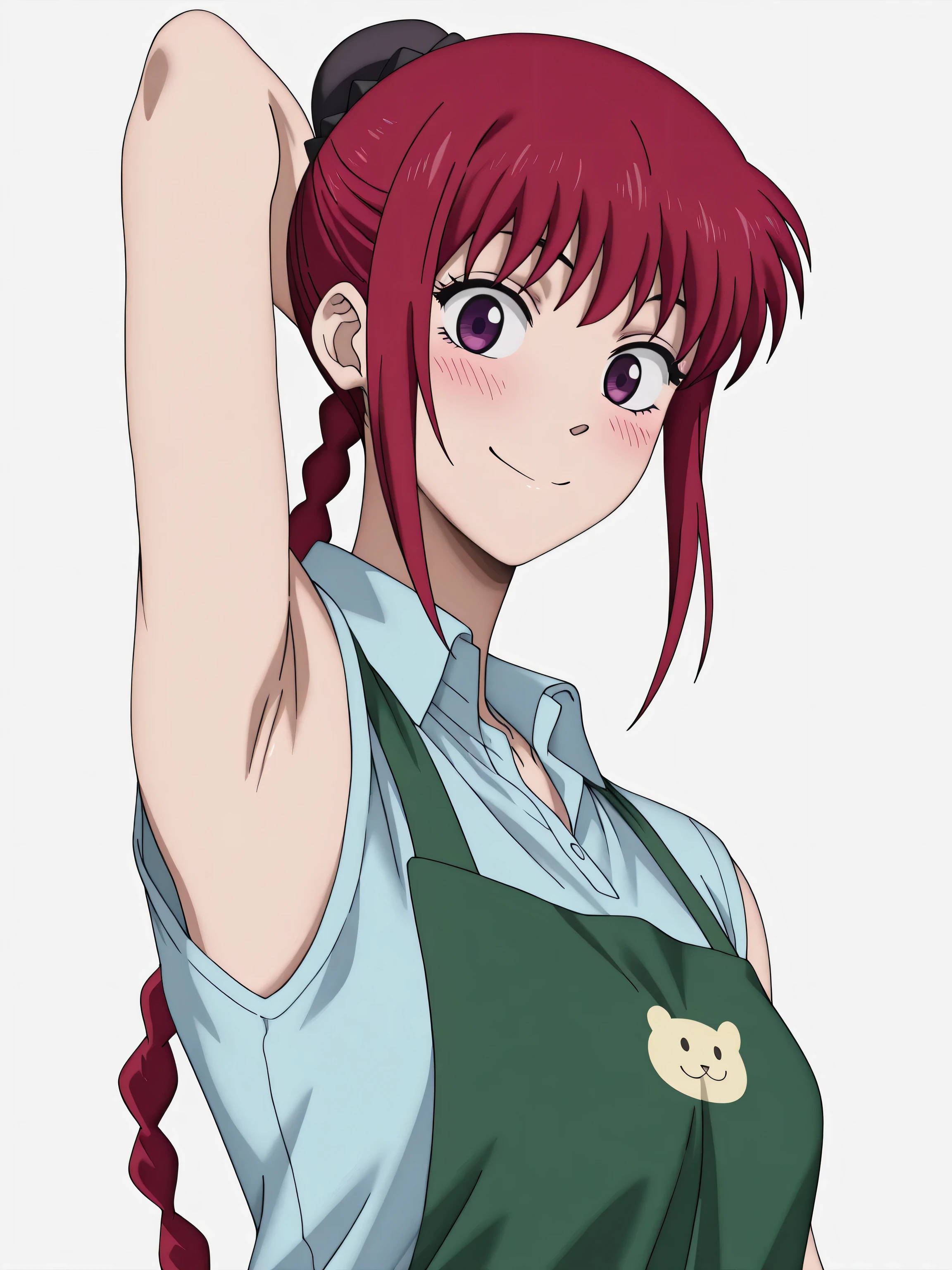 masterpiece, best quality, amazing quality, anime screencap, 1girl, solo, Lu, Lu (Sakamoto Days), Red Hair, Long Hair, Braided Ponytail, Purple Eyes, light blue shirt, collared shirt, sleeveless shirt, green apron, arm behind head, armpit, head towards viewer, looking at viewer, smile, closed mouth, (front light:1.1), from side, blush, white background, simple background