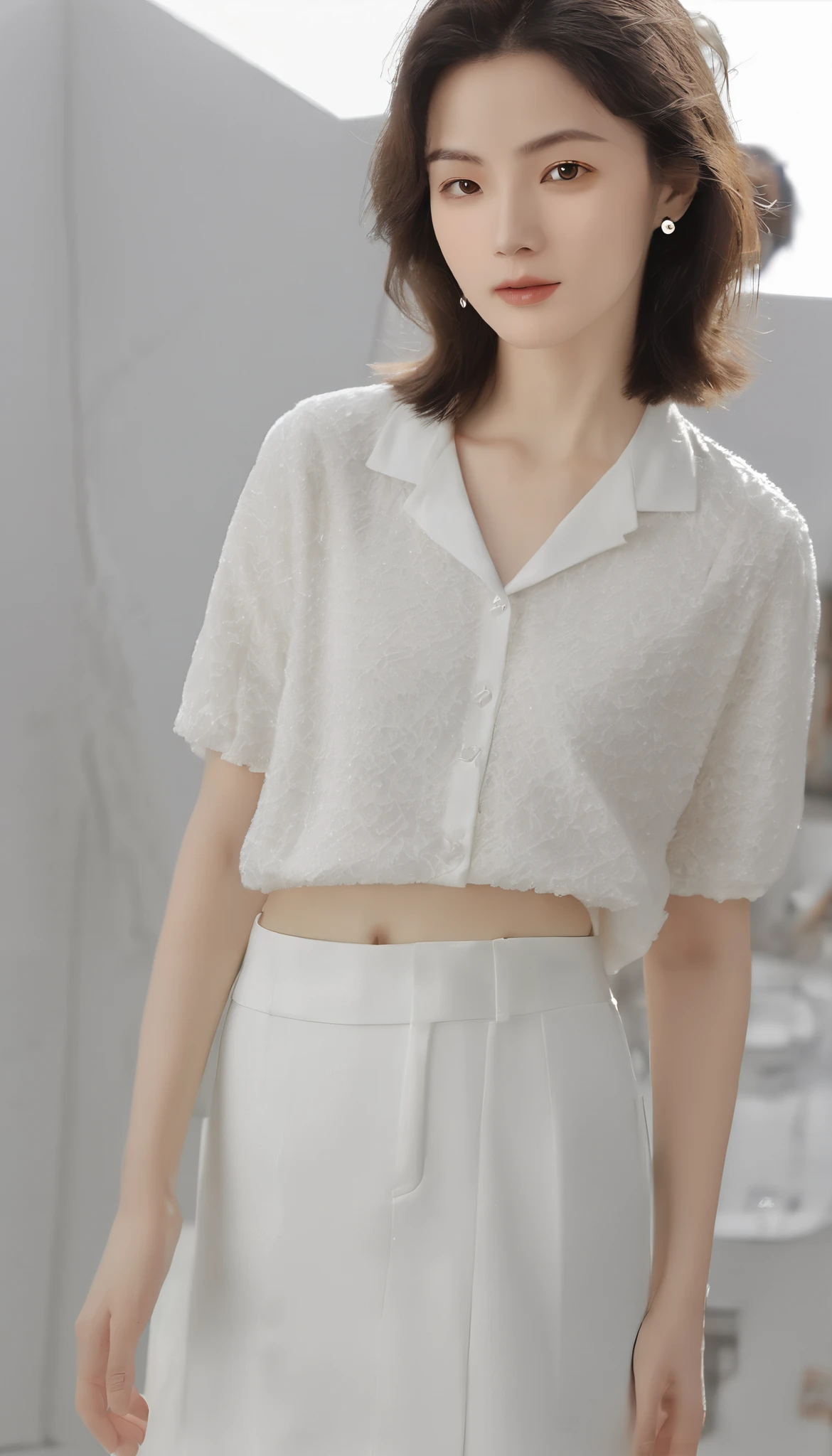 One girl, wearing white short sleeve blouse, wide pants, wide pants, short hair, 20-year-old Japanese, beautiful, cute face, pretty face, neat, serious face, 8-head body, height 165cm, weight 48kg, bust 83cm, waist 60cm, hips 82cm, Small breathts, Living in Hiroshima City, A college student aspiring to become a model, (((full body))), full face, Hondori Shopping Street in Hiroshima City