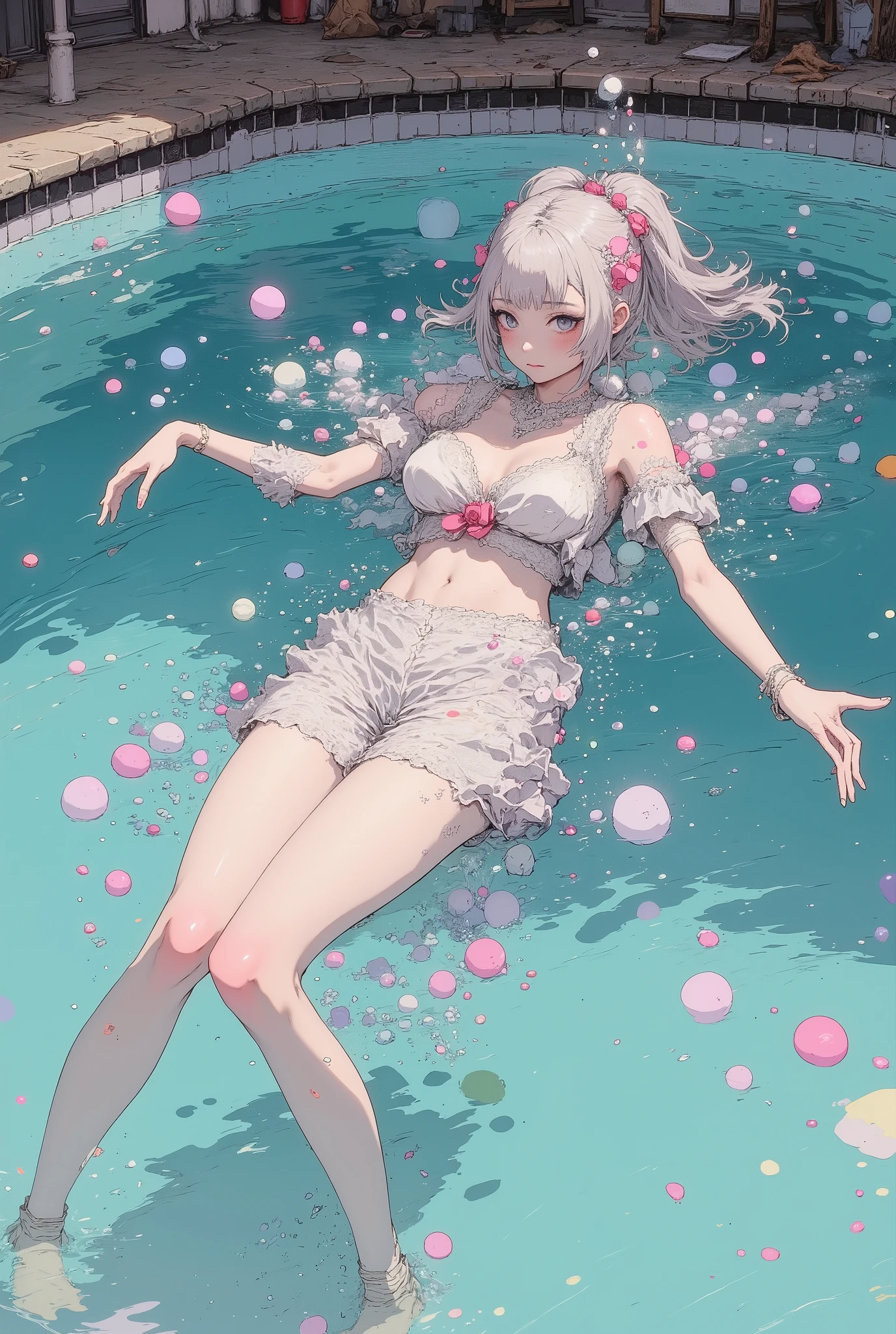 (woman swimming in the pool:2.0), (Front :2.0), (detailed body:2.0), (sexy), (dynamic:2.0), (Jump into the pool and swim:2.0), (Shooting with an underwater camera:2.0), (Air Bubbles In The Water :2.0), ((Pupil details)), 1girl, japanese, blush, High Definition, masterpiece, Accurate, top quality, High Definition model, high detail, (((The textures are soft))), ((matte and toy-like with a handmade premium look)), (((Tim Burton style))), beautiful woman, anime style, simple lines, ((soft silver low ponytail hair)), (intricate details : 1.1), beautiful detailed, beautiful hair, 