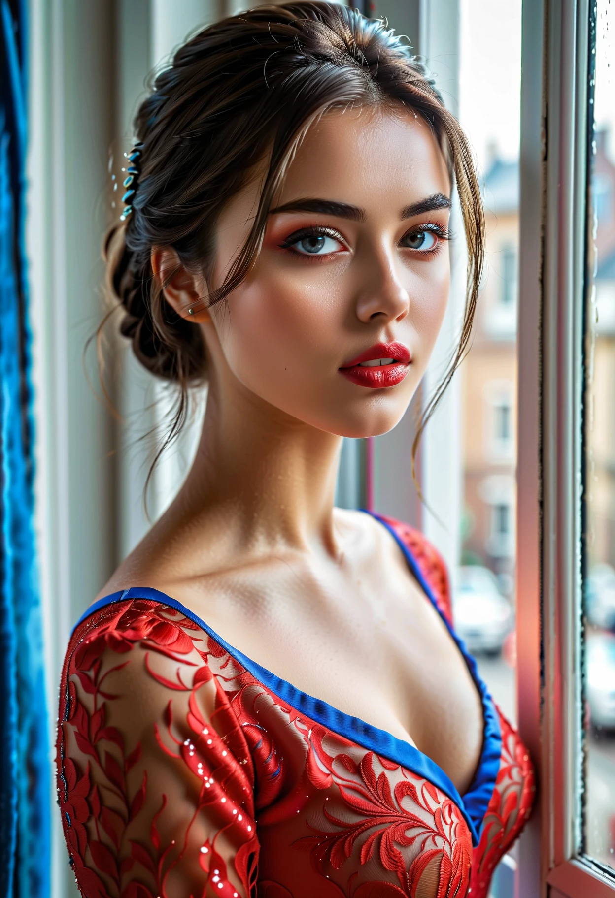 (Best Quality, 4K, 8K, High Resolution, Masterpiece: 1.2), (Super Detailed, Realistic, Photorealistic:1.37)A captivating young girl, donning a striking ensemble of red and blue, stands before a window with an air of toughness and determination. Her enchanting eyes are exquisitely detailed, capturing every glimmer and depth, while her lips boast a meticulous beauty that is both captivating and alluring. The level of detail extends to her entire face, each contour and feature meticulously rendered to perfection, creating a sense of hyper-realism that draws the viewer in. 

The girl's attire, reminiscent of oil painting art, is a work of art in itself. The fabric, skillfully crafted to resemble vibrant brushstrokes, adds a touch of dynamism to her overall appearance. It is a true reflection of the artist's talent, showcasing a mastery, (NSFW:1.5), Chignon hairstyle, (beautiful nipples:1.2), (moist skin texture:1.2)