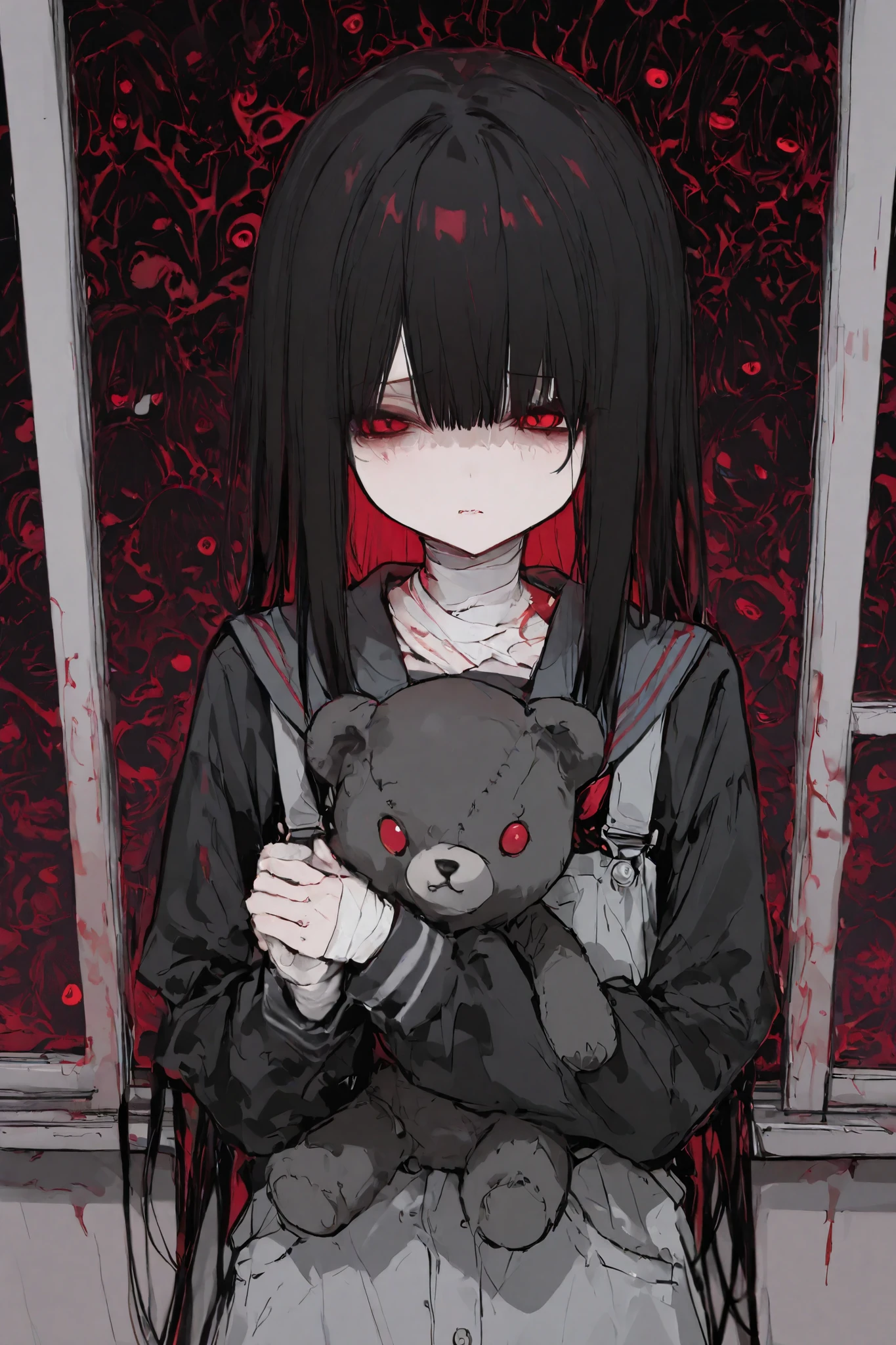 Long dark hair, has red eyes 、 Dark , Sick, Very cute, Mysterious Transfer Student&girl,彼女は黒を基調とした sailor uniformを着ており、holds a lantern in the other hand。A bandage around his neck,expression, is ethereal and melancholy,has a small, holding a stuffed bear in one hand,The girl stands in front of the blackboard,The sun shines through the window,and the other side of the blackboard,The overall color saturation is low,Red decoration, emphasizes a cute vibe , sailor uniform