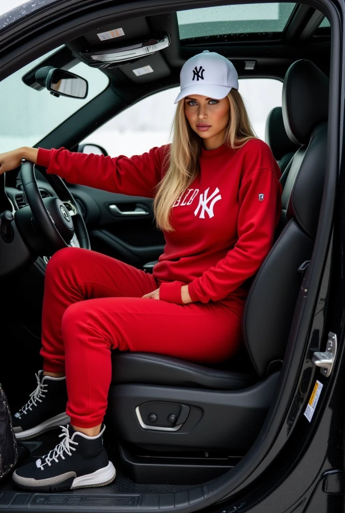 blonde woman sitting on a car backseat, wearing puffy jacket and sweatpants with sneakers, detailed portrait, realistic, cinematic lighting, warm color tones, (best quality,4k,8k,highres,masterpiece:1.2),ultra-detailed,(realistic,photorealistic,photo-realistic:1.37),HDR,UHD,studio lighting,ultra-fine painting,sharp focus,physically-based rendering,extreme detail description,professional,vivid colors,bokeh,portrait