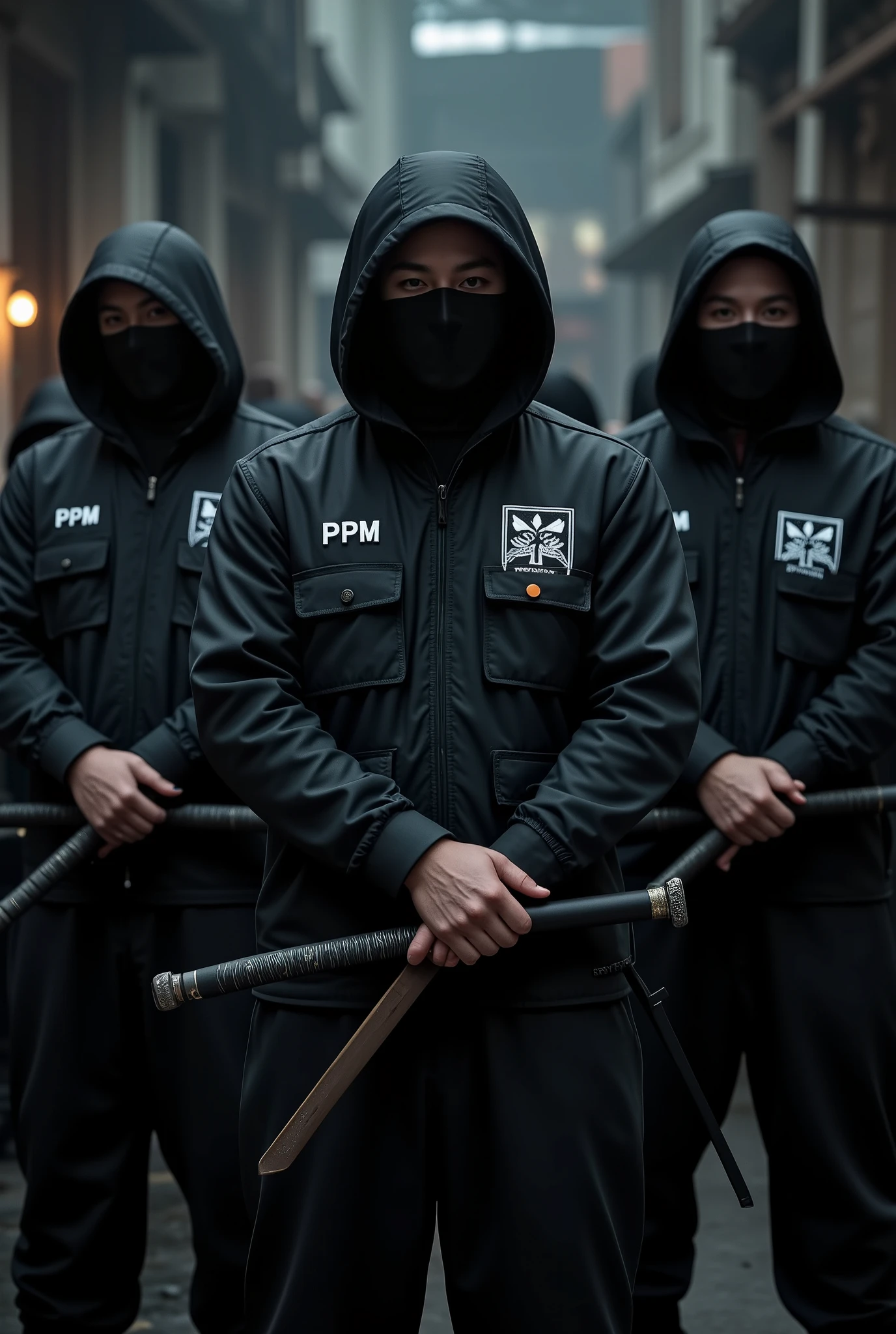 Men dressed in black with PPM lettering and masks carry mandau sword on shoulder with hornbeam logo on vest