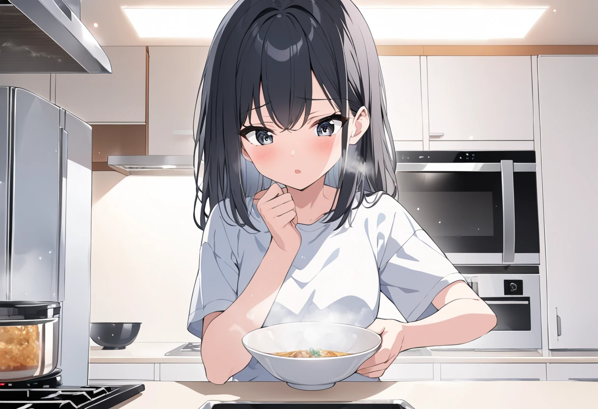 Highest quality, High resolution, 1.female, Reluctance Nausea Black eyes (There is semen on the lunch box:1) Cute Looking down Pink polo shirt Short hair, Black Hair, seiza, Focus on face, lots of semen in mouth, penis, in lunch box