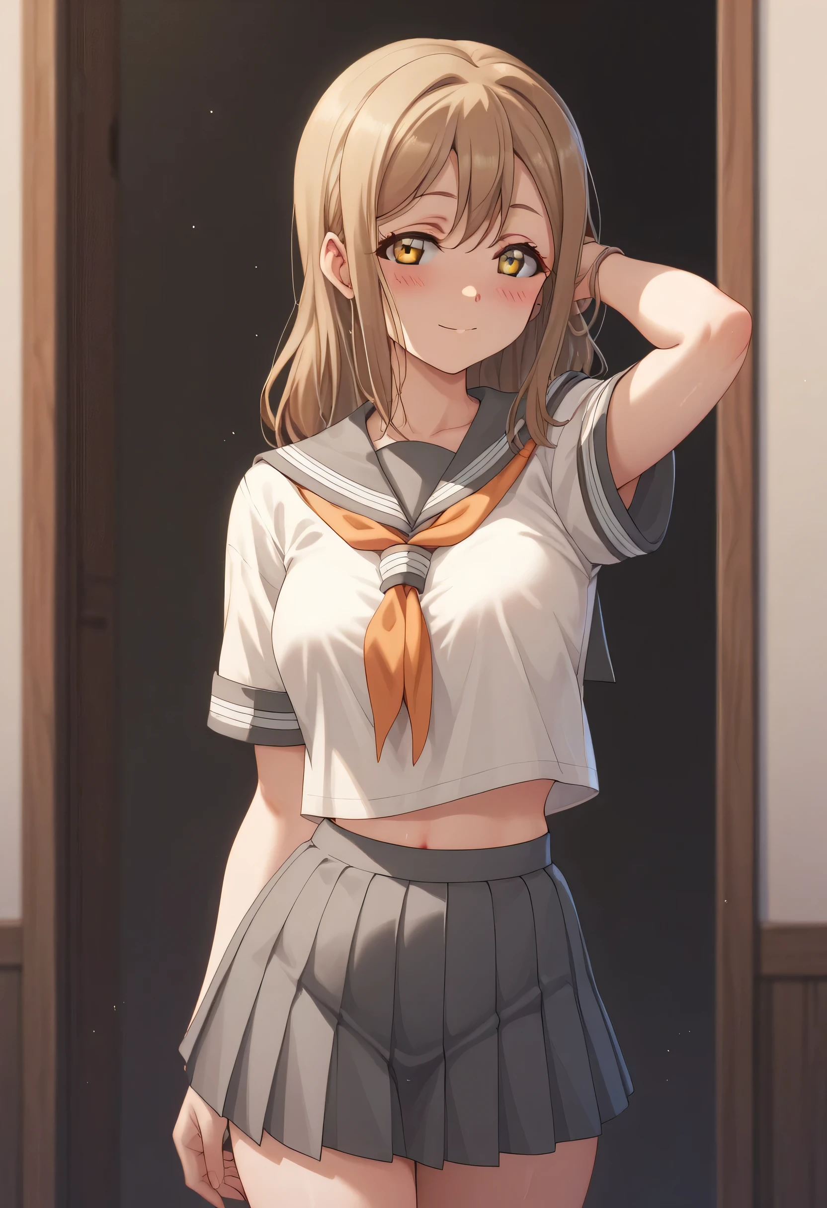 An image of Hanamaru Kunikida blushing in a sailor's uniform and gray standing skirt posing sexy in a lounge