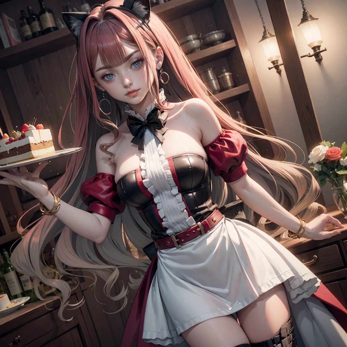 1 girl,BREAK (Royal:1.4), (red and black theme:1.5), ((red) bucket hat with rose corsage:1.4), (fusion of black high neck crop top and latex (red bustier):1.4), ((floral lace, see-through):1.3), ((sleeveless, bare shoulders):1.3), (red tiered skirt with black ruffles:1.4), ((ultra long gloves) with floral lace:1.3), (wrap a (cat garter) around thighs:1.4), outdoor,elegant,nighttime,moonlighe,shiny skin,( huge breasts), lip gloss,tattoos, masterpiece, best quality, realistic ,Surrealism,natural colors art in 8k,soft shadows,High-definition RAW color photos professional portrait photos,solo,  elise,