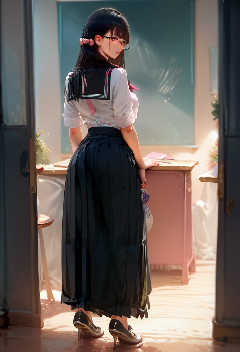 ((masterpiece, best quality, highres, uhd, perfect pixel, depth of field, 4K, RTX, HDR))), 18age, 1girl, single, solo, beautiful anime girl, beautiful artstyle, anime character, ((short hair, bangs, brown hair, curly hair:0.8)), ((green eyes:1.4, rounded eyes, beautiful eyelashes, realistic eyes)), ((detailed face, blushing:1.2)), ((smooth texture:0.75, realistic texture:0.65, photorealistic:1.1, anime CG style)), large breasts, dynamic angle, perfect body, ((portrait, ass pov)), ((red bowtie, gray jacket, open jacket, white shirt, black skirt, plaid skirt)), smile, School, Photo from behind:0.5
