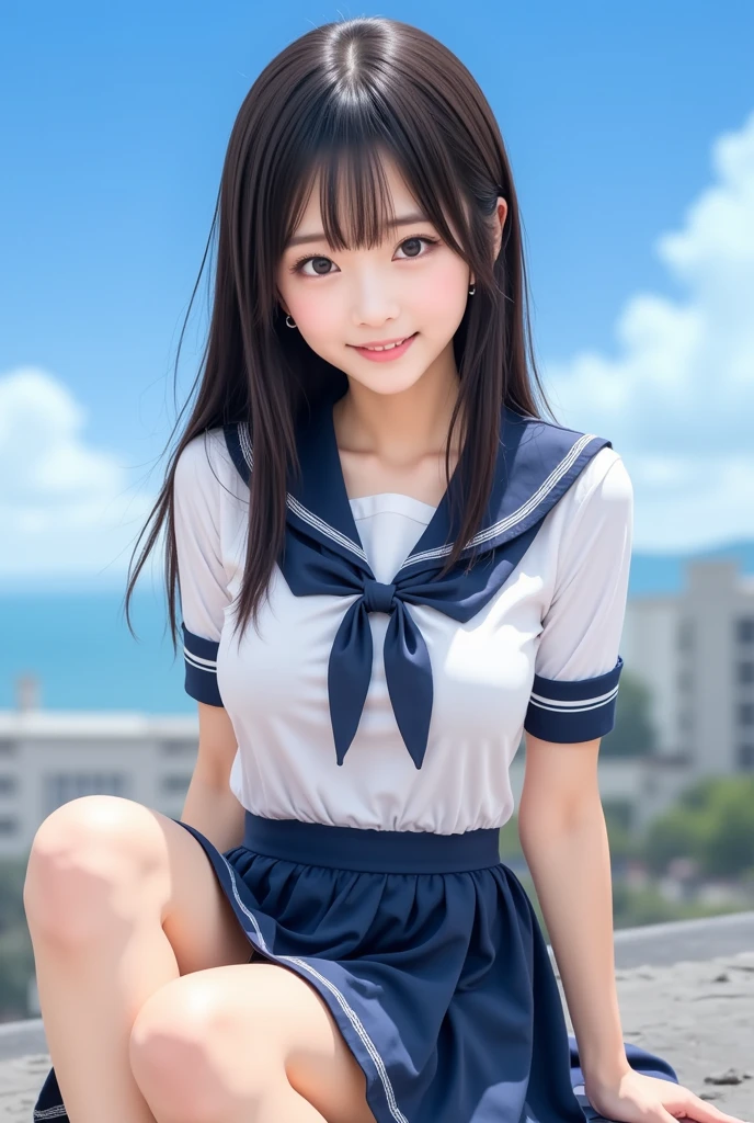 cute, girls, elementary school student, black hair, twin tails, dark blue school swimsuit, big bust, smile, bare legs, shiny skin