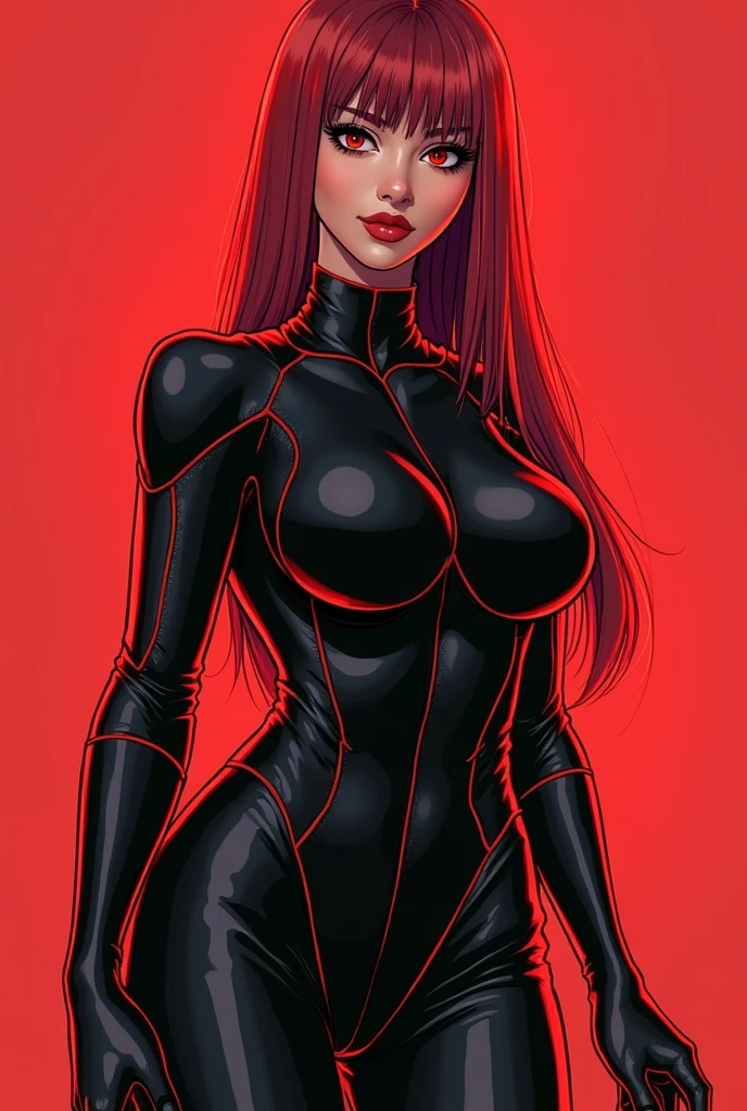 Sexy and beautiful girl дьяволица Bellamy in latex clothes black and red brown hair light brown eyes bright red color