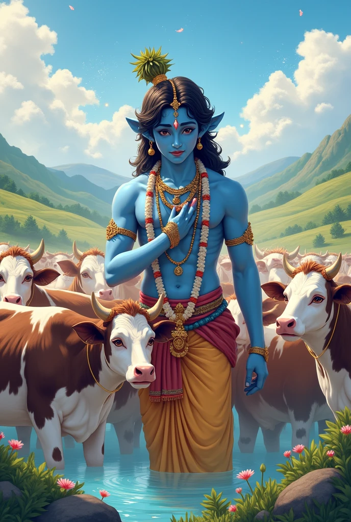 Lord krishna teenage in his childhood home with cows