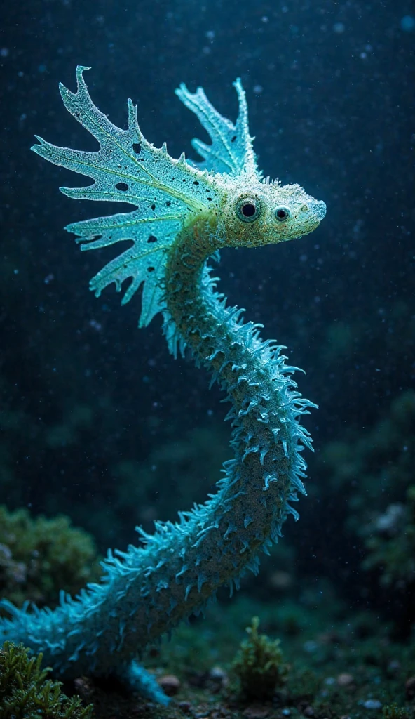 
The leafy sea dragon is a delicate and beautiful marine creature that uses its leaf-like appendages for camouflage among underwater plants. However, if it were to undergo an extreme mutation, it could become a monstrous predator lurking in the depths of the ocean. In its transformed state, its size can increase to over 10 feet, and its leaf-like extensions would no longer serve just as camouflage but also as venomous appendages capable of paralyzing prey. These monster sea dragons could emit bioluminescent light, creating a hypnotic glow in the dark waters to lure unsuspecting creatures. As soon as small fish or sea creatures are drawn to the light, the monster sea dragon would strike in an instant, swallowing them whole. Unlike its original form, which feeds only on plankton and tiny fish, this transformed version would be capable of hunting small sharks and octopuses. Its glowing eyes and slow, shadow-like movements would make it one of the most haunting predators in the deep sea, striking fear into anything that crosses its path.