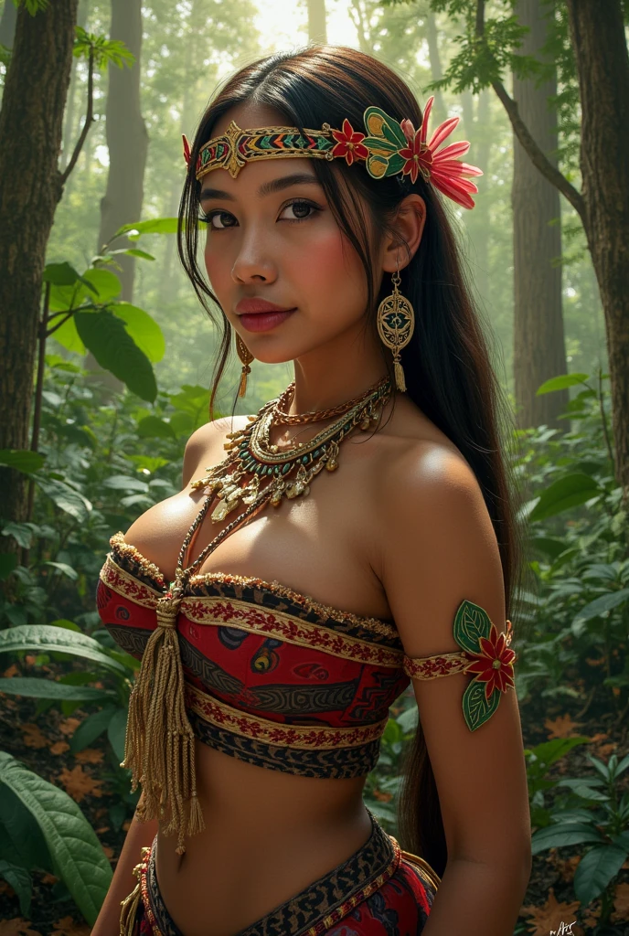 8k, Highest quality, Special details, Native woman of South America, The backdrop is a lush rainforest., There are leaves covering the chest., There are leaves covering the genitals., Expression of spirituality and mystery, Deep connection with nature