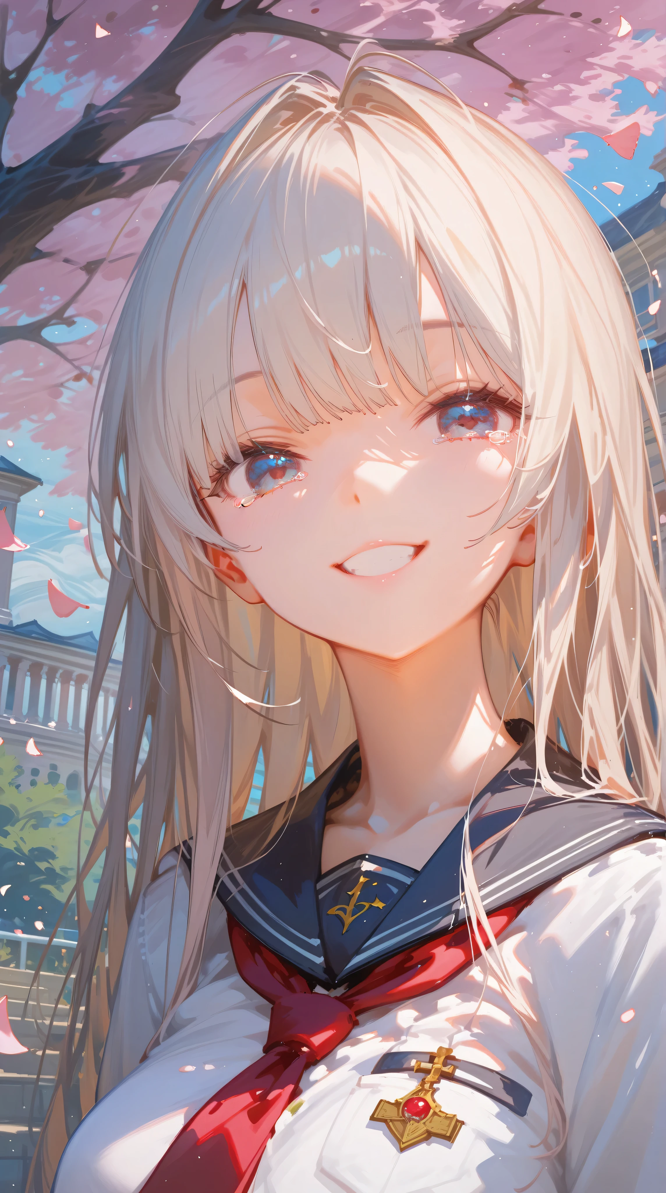 masterpiece,best quality,great quality,abusseur dress,high image quality during sick leave,high resolution,top quality,8k,16k,so beautiful,masterpiece,perfect face,perfect body,perfect ratio,detailed eyes,detailed face,Very Detailed,one girl、high school 、school uniform、Graduation Ceremony、Cherry Tree、 Sakurabuki、(((streaming tears)))、smile