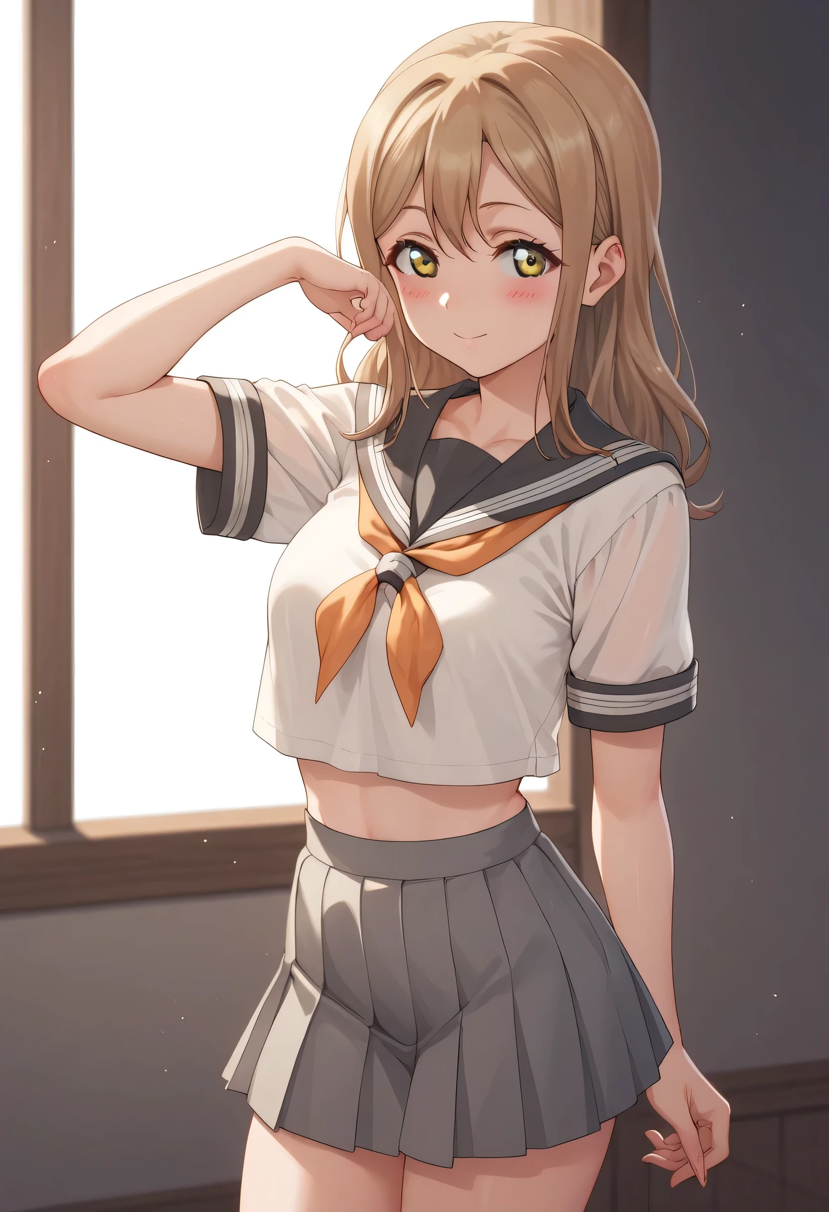 An image of Hanamaru Kunikida blushing in a sailor's uniform and gray skirt standing in profile posing sexy in a lounge